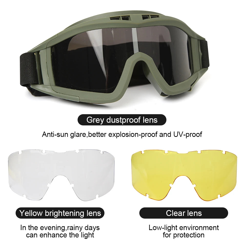 Tactical Airsoft Goggles - Anti Fog & UV Protection with 3 Interchangeable Lenses - Perfect for Airsoft, Hunting, Cycling, Shooting, Paintball & Outdoor Sports Activities