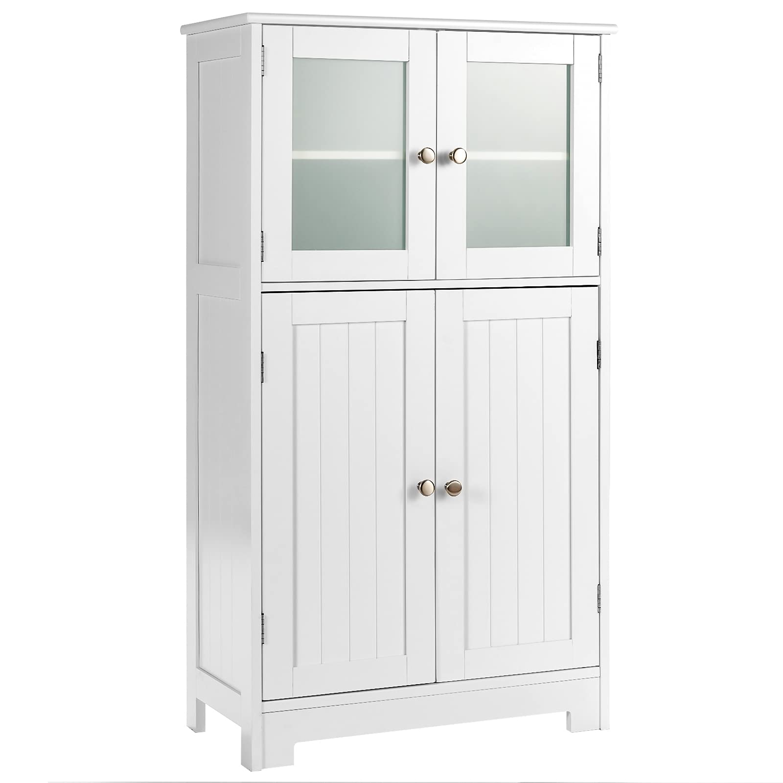 Tangkula Freestanding Bathroom Floor Cabinet with Glass Doors - Adjustable Shelf Wood Storage Cabinet for Bathroom, Kitchen, Hallway, Living Room & Office - Perfect for Organizing Towels, Toiletries & Home Decor (White)