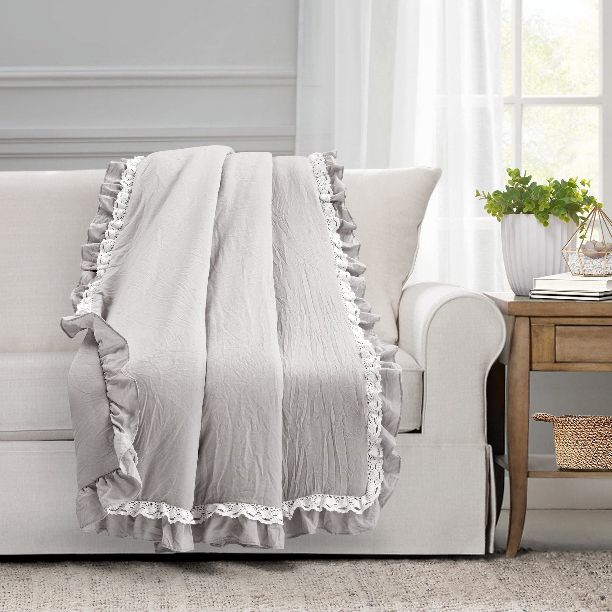 Ella Ruffle Lace Throw Blanket - Soft Decorative Knit Bedspread for Couch, Sofa & Bed - Perfect for Home Decor, Wedding Gift & Cozy Nights