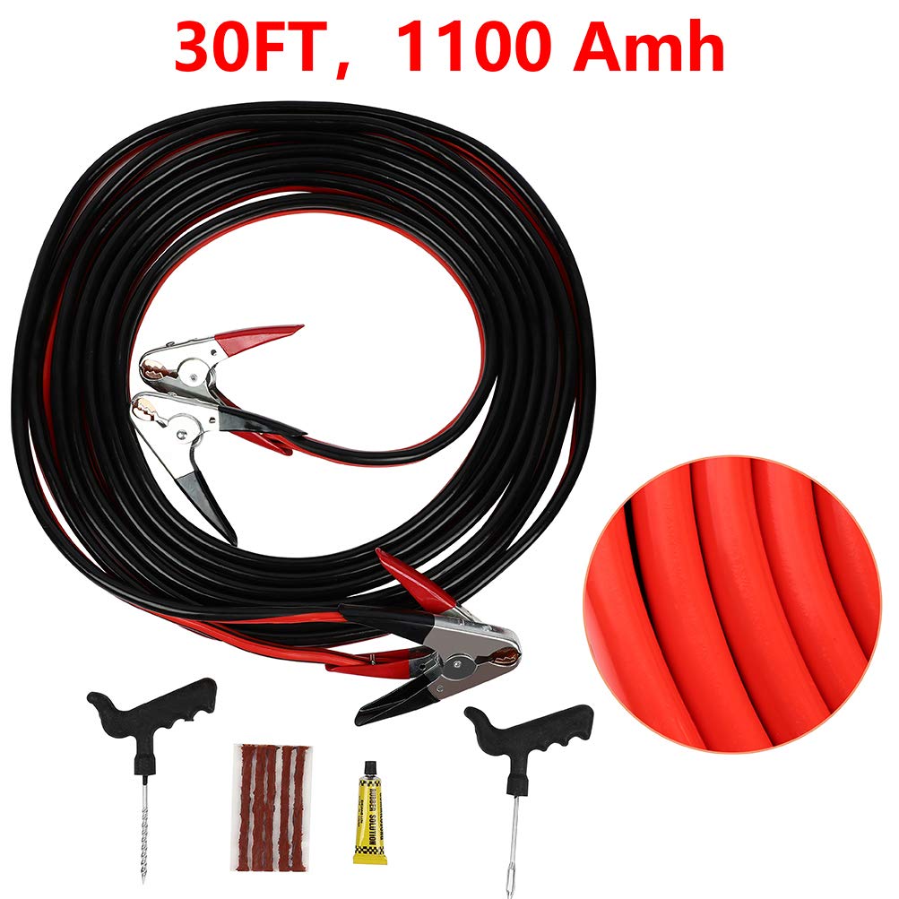 Heavy Duty 1 Gauge 30FT Jumper Cables for Car Battery - Emergency Booster Cable with Tire Repair Kit for Trucks, SUVs, Farm Equipment & Diesel Vehicles - Perfect for Roadside Emergencies and Vehicle Maintenance