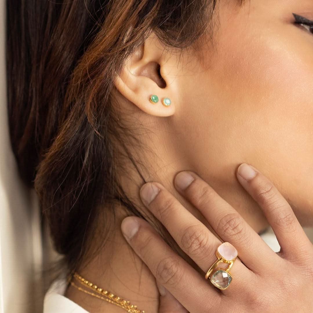 Aqua Chalcedony Mini Stud Earrings - 14K Gold Plated March Birthstone Jewelry for Women - Perfect for Gifts, Birthdays & Everyday Wear
