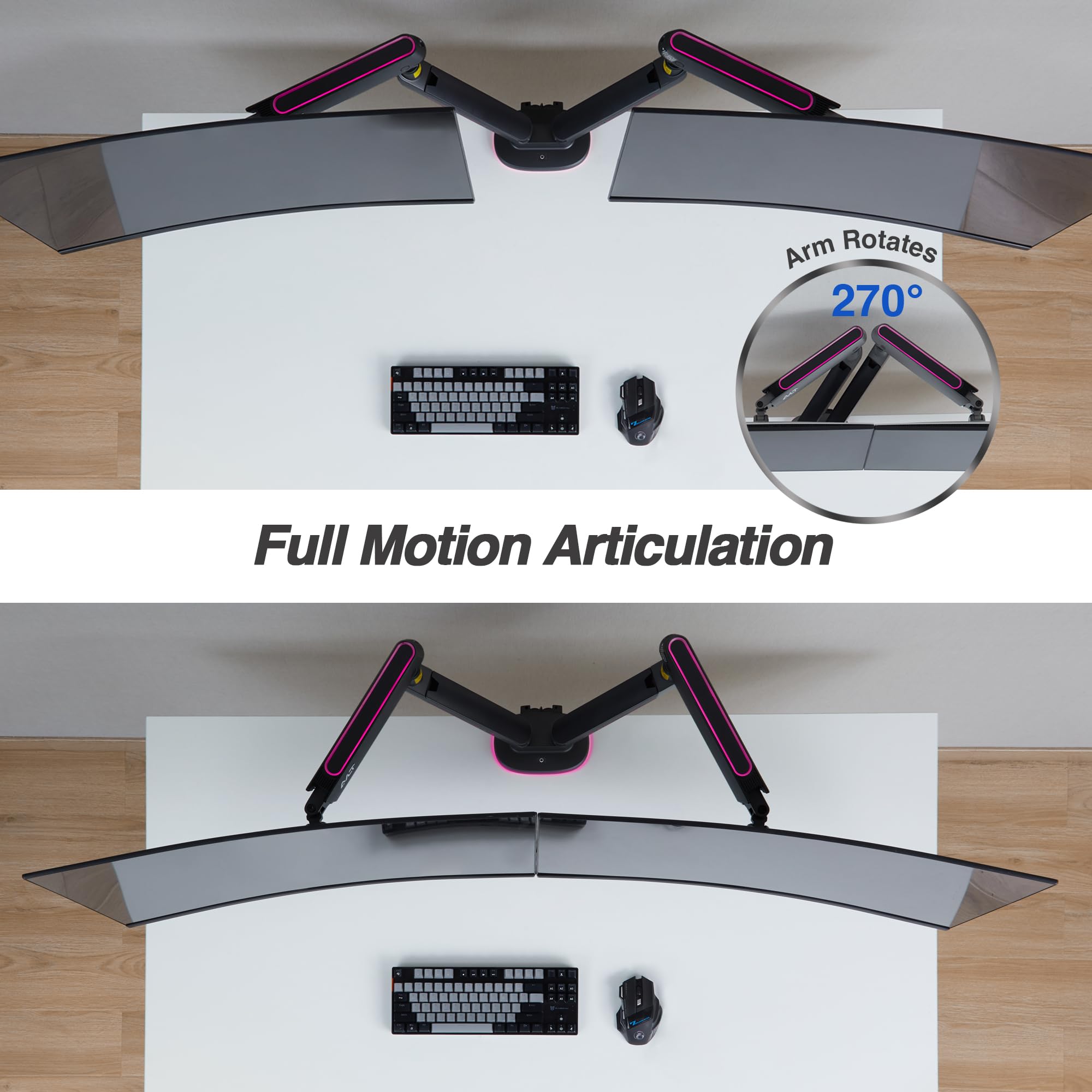 AVLT Dual 27”-43” RGB Gaming Monitor Arm Desk Mount with 20 Lighting Modes & Touch Control - Adjustable Stand for Flat/Curved/Ultrawide Screens - Height, Swivel & Tilt Rotation - Black | Perfect for Gaming Setup & Home Office Workstation