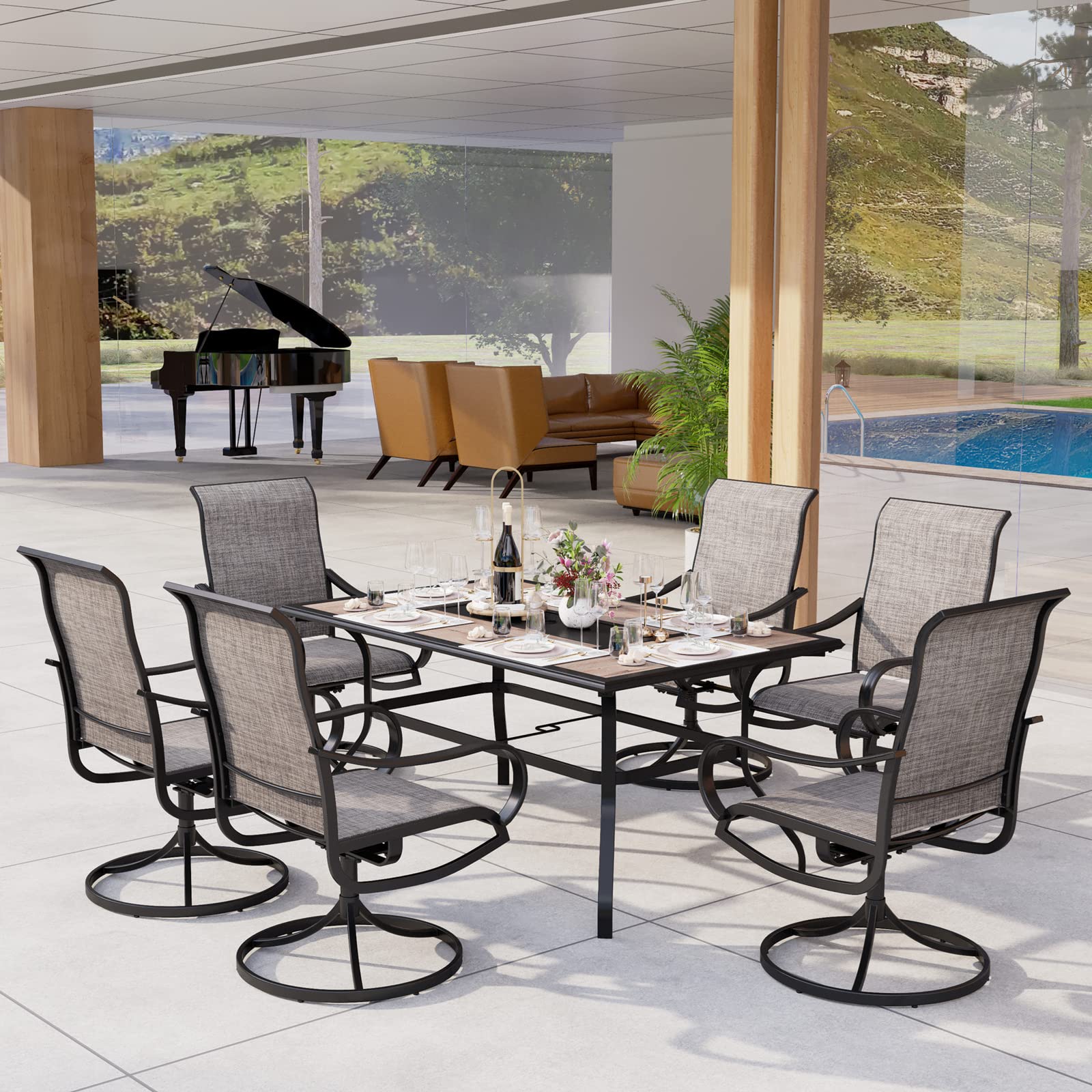 MFSTUDIO 7-Piece Outdoor Dining Set with 6 Swivel Chairs & 60
