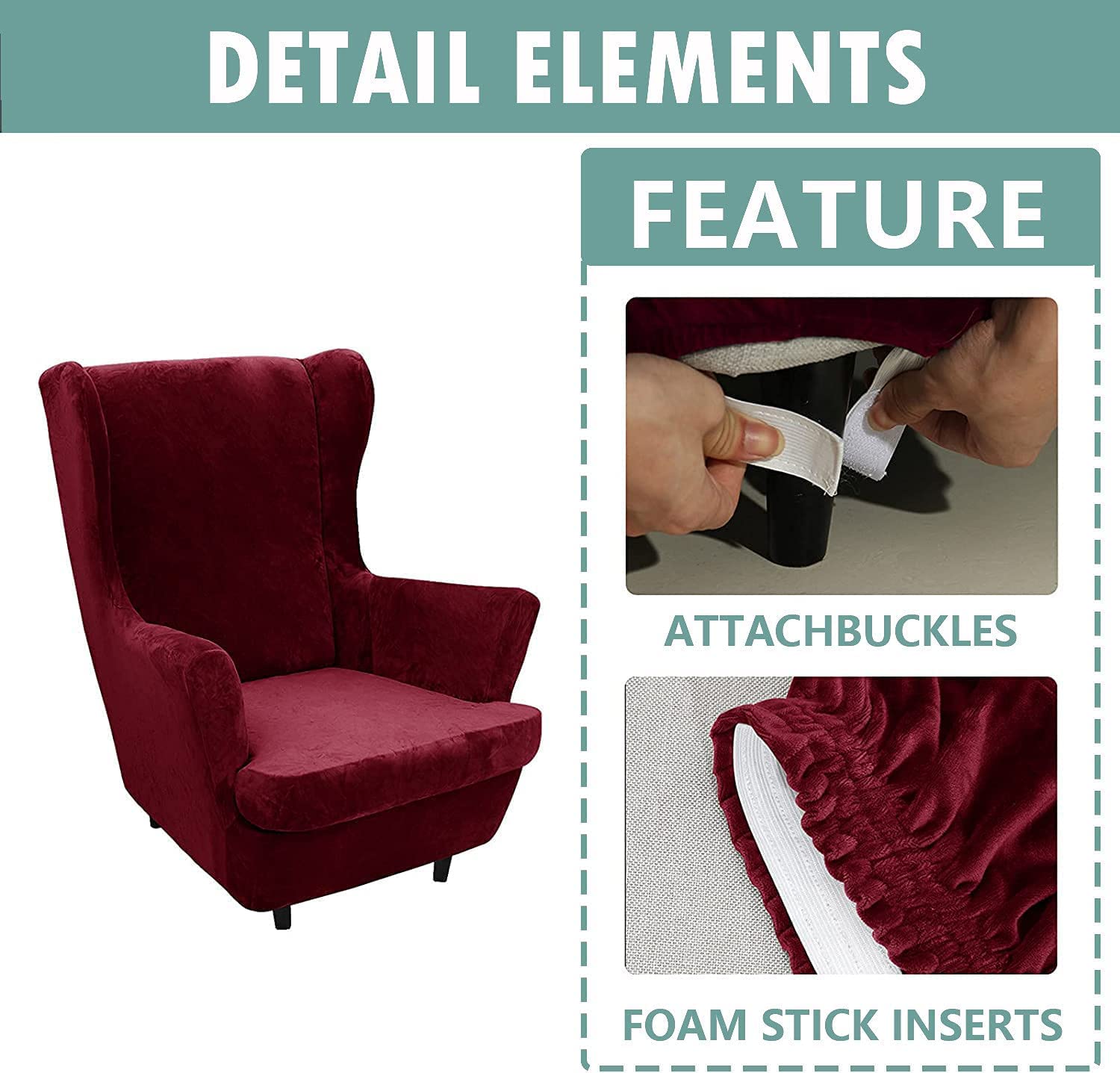 Velvet Wingback Chair Slipcover 2-Piece Set - Stretch Plush Wing Chair Covers with Cushion Cover, Furniture Protector for Living Room & Bedroom - Wine Red