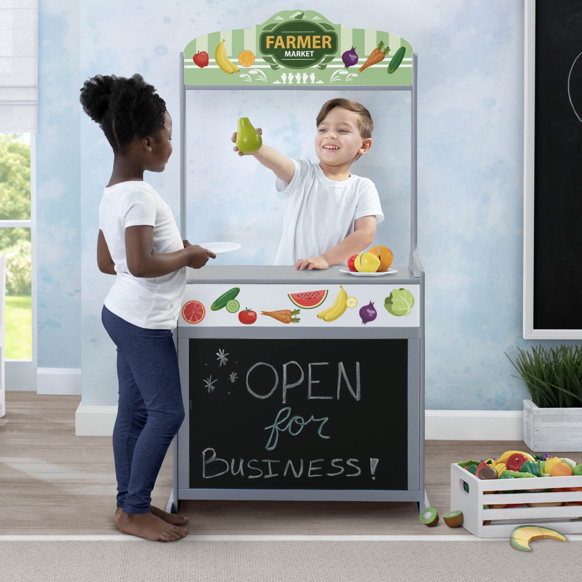 Reversible 4-in-1 Pretend Play Center with Chalkboard & Storage - Kids Activity Table for Drawing, Learning & Imaginative Play - Perfect for Home, Preschool & Daycare
