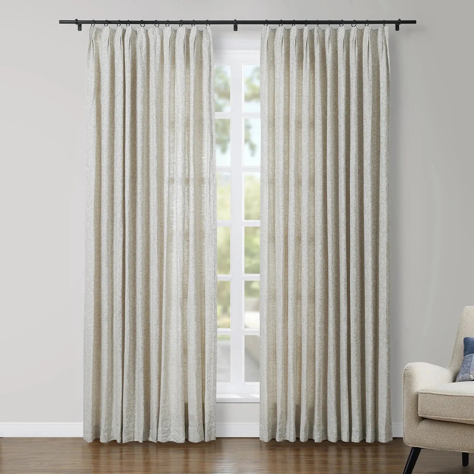 Luxury 100% Linen Jacquard Pleated Curtains - Blackout Drapes for Living Room, Bedroom & Dining Room - Elegant Home Decor for Windows