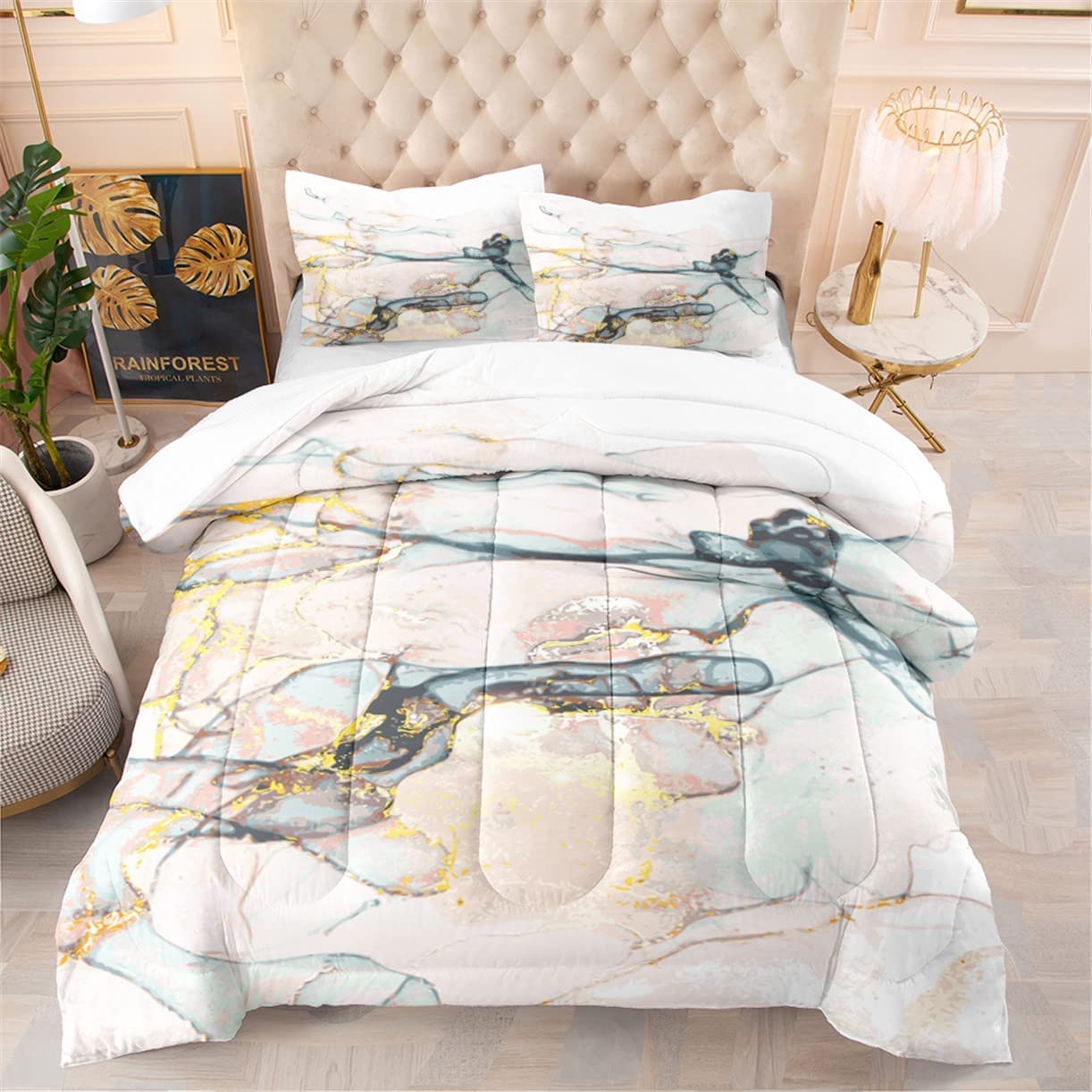 EDUMEYA Queen Size Marble Bedding Set - Abstract Tie Dye Pattern Quilted Comforter with 2 Pillowcases | Modern Marble Art Design for Girls & Kids | Perfect for Teen Bedrooms, Dorm Decor & Gift Ideas