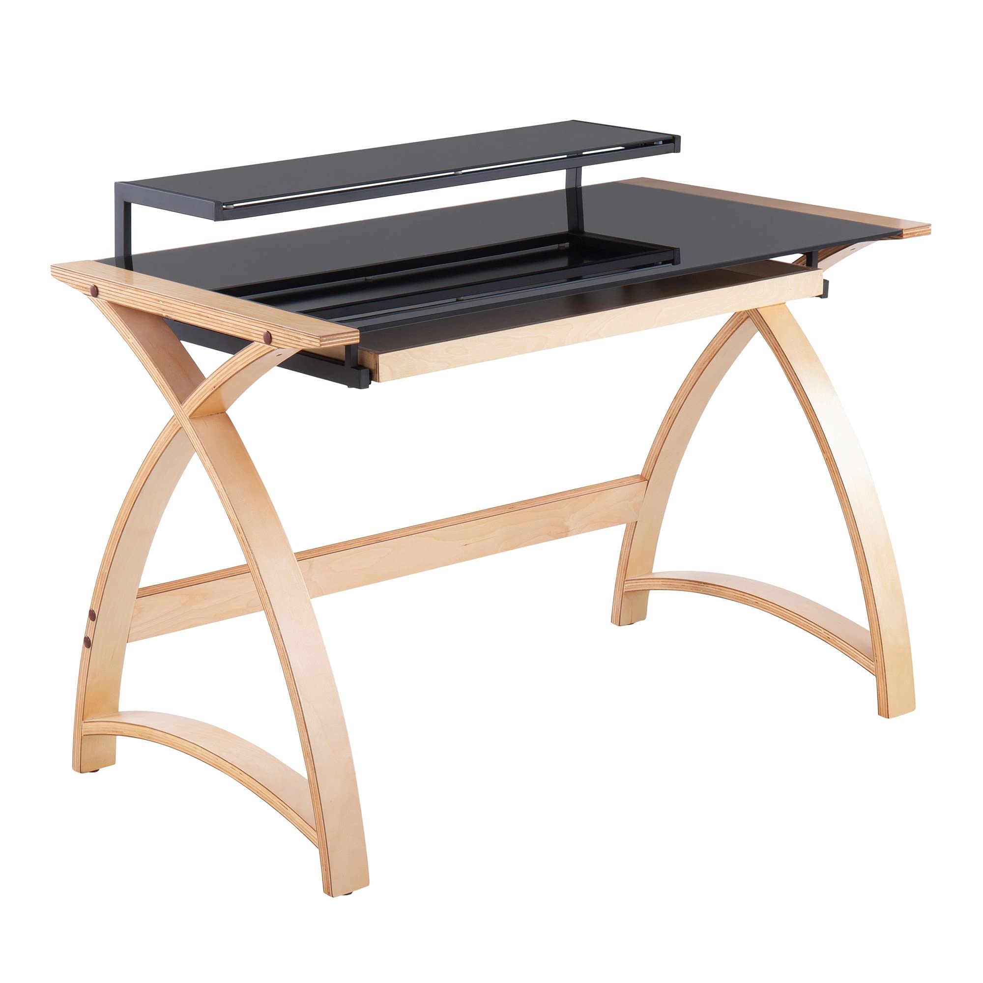LumiSource Bentley Glass Desk - Modern Home Office & Computer Desk with Drawers, Black Small Desk for Bedroom, Gaming & Workspace - Mid Century Style for Study, Work from Home & Office Setup