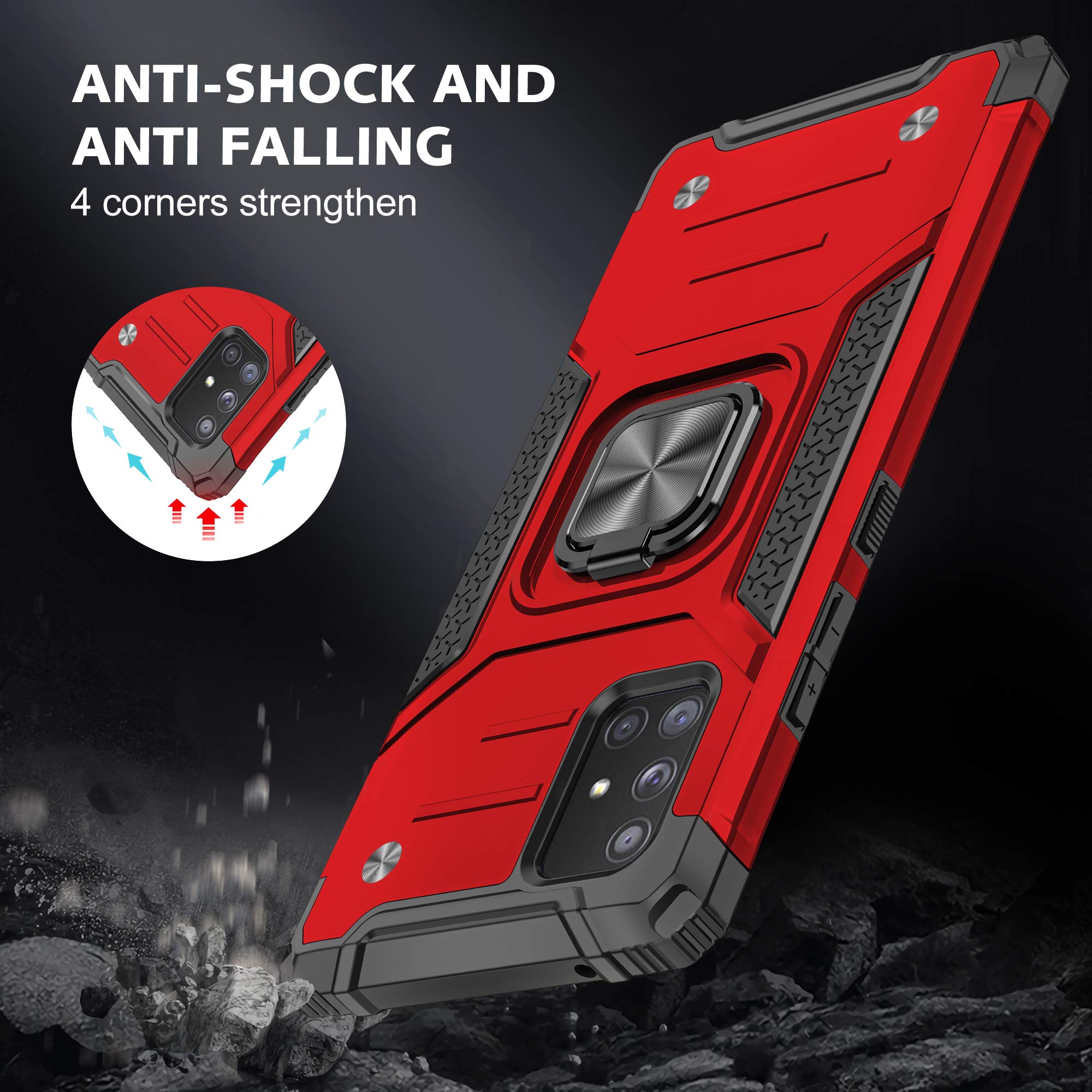 Samsung Galaxy A71 5G Case (Not for A71) with Tempered Glass Screen Protector - Military Grade Shockproof Phone Cover with Magnetic Ring Kickstand & Car Mount - Perfect for Work, Travel & Outdoor Activities (Red)