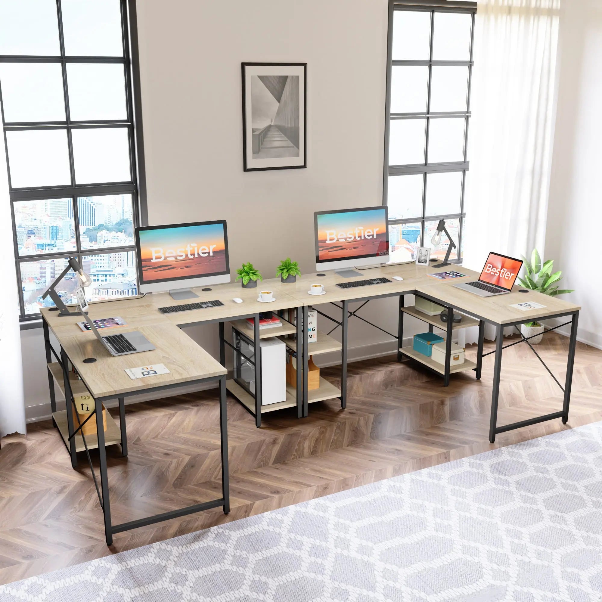 Bestier 86 Inch L-Shaped Computer Desk for Two - Home Office Gaming & Workstation with Large Workspace - Perfect for Couples, Roommates & Small Spaces