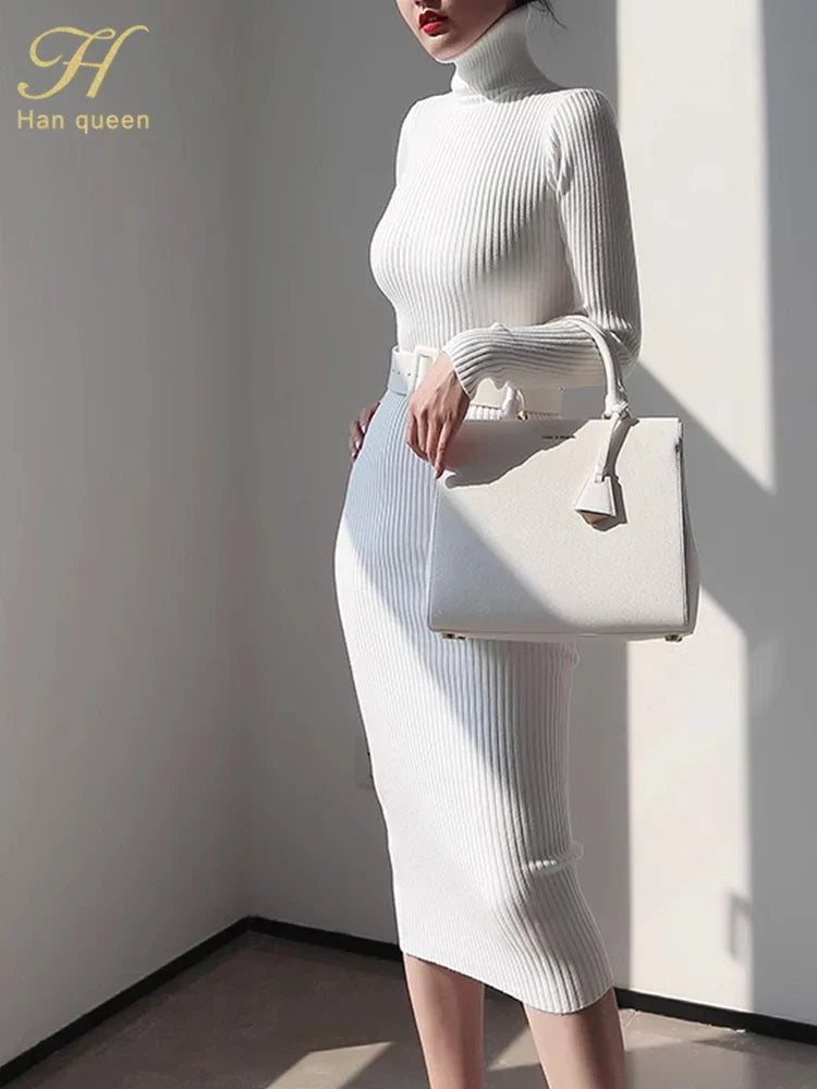 Women's H Han Queen Knitted Turtleneck Sweater Dress - Bodycon Midi Dress with Belt for Autumn Winter | Soft Stretchy Party Outfit for Date Night & Holiday Gatherings