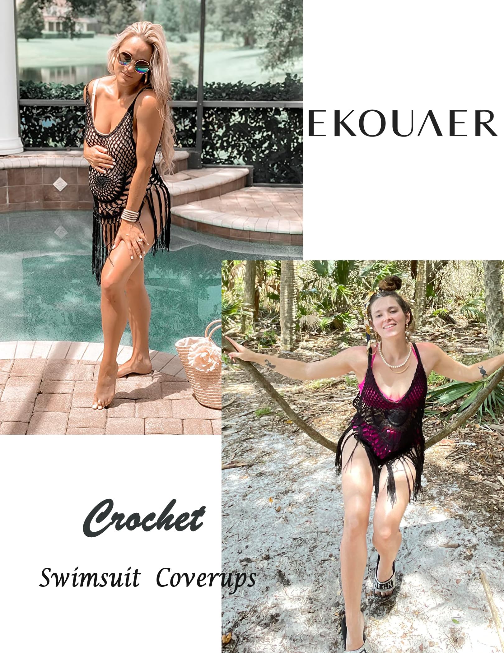 Ekouaer Women's Crochet Bikini Cover Up Dress - Beach Swimsuit Coverup with Tassels, Summer Swimwear for Pool, Vacation & Boho Style Outfits | Perfect for Beach Trips, Resort Wear & Poolside Relaxation