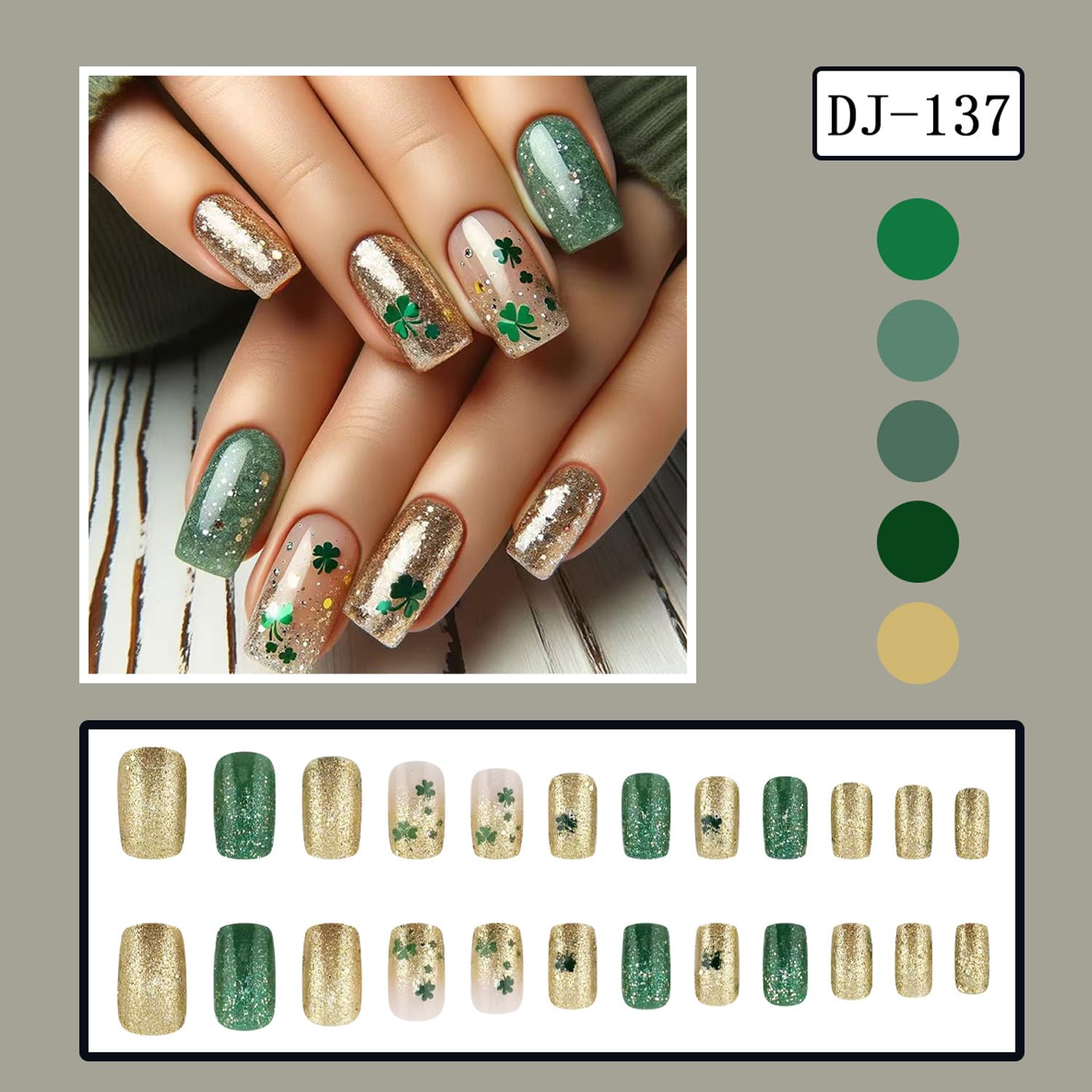 St. Patrick's Day Press On Nails - Medium Coffin Fake Nails with Lucky Clover Design, Green Gold Glitter & French Tips | 24Pcs Shamrock Glitter Full Cover Artificial Nails for Women | Perfect for Parties, Festivals & Irish Celebrations