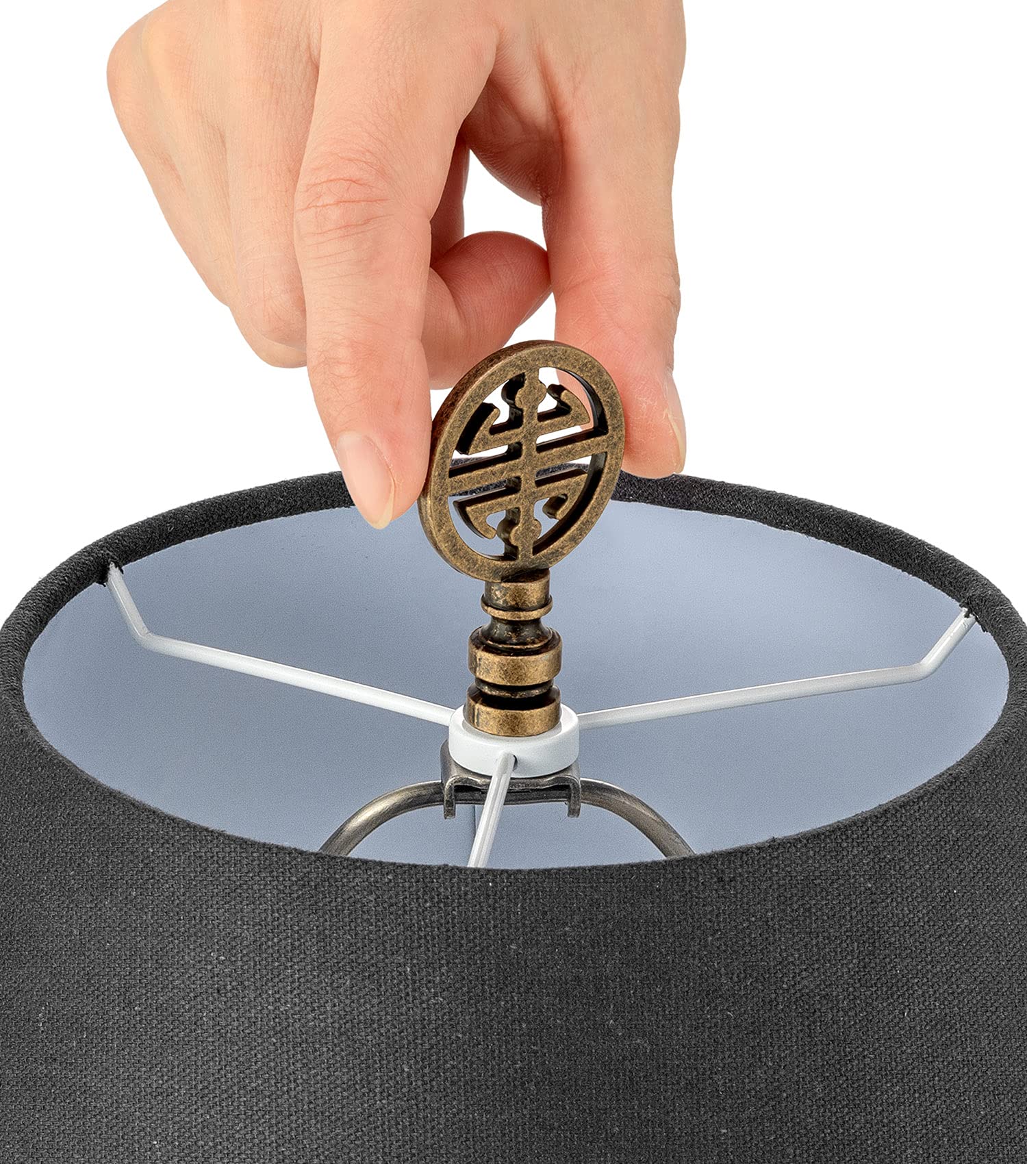Antique Brass Oriental Lamp Finial - Solid Metal Screw Cap Knob for Lamp Shade Top - Decorative Accent for Table & Floor Lamps - Lucky Happiness Symbol (2-Pack) - Perfect for Home Decor, Living Room Lighting & Feng Shui Arrangements