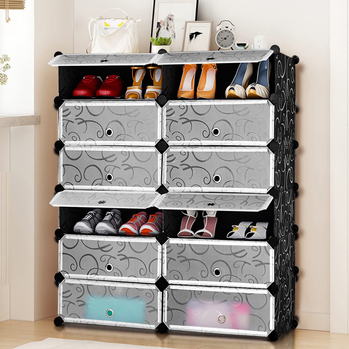 KOTEK Portable 12-Cube Shoe Rack Organizer - Stackable Plastic Shoe Storage Cabinet with Doors, DIY 24-Pair Shoe Shelf Tower for Entryway, Closet & Bedroom Organization