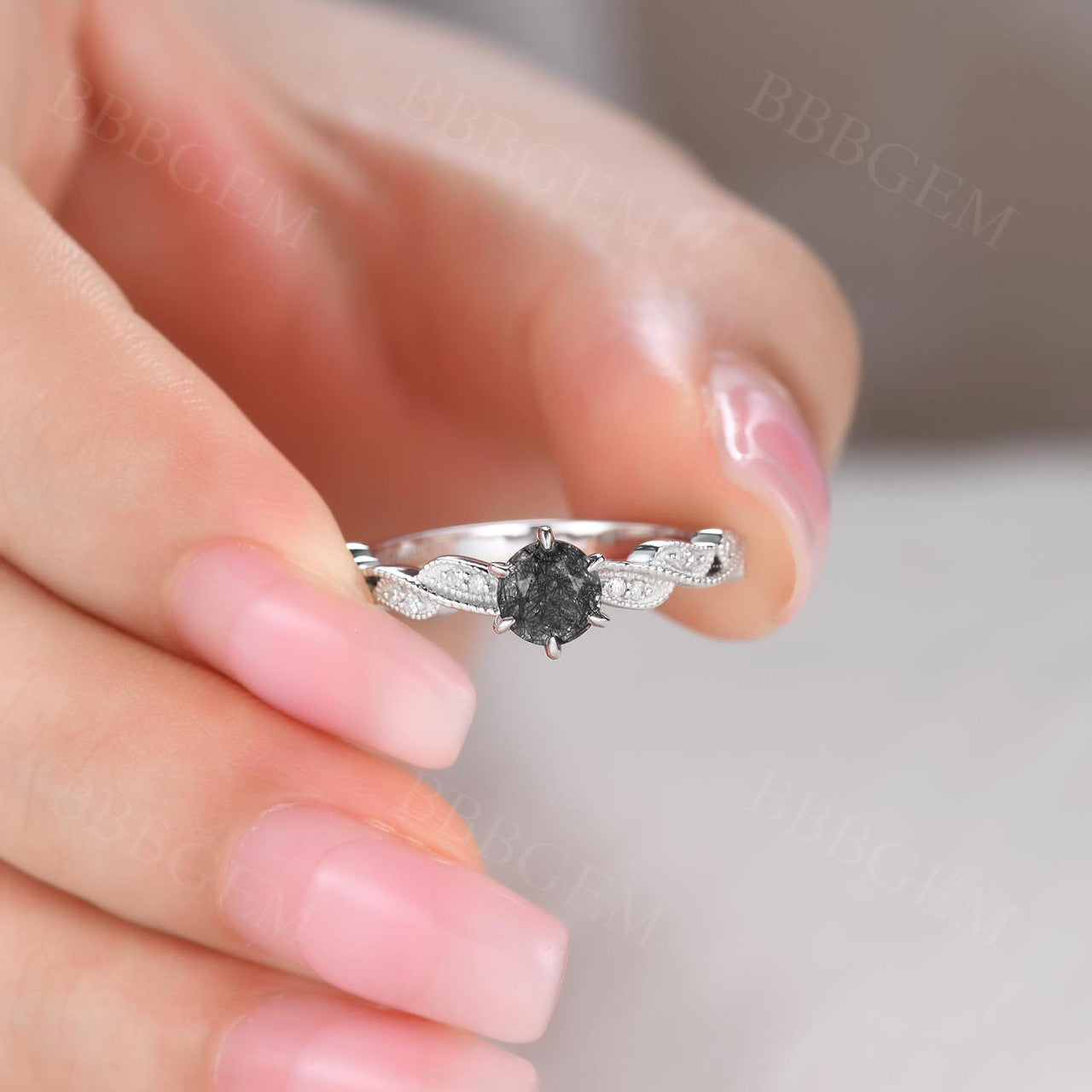 Natural Black Rutilated Quartz Engagement Ring with Diamond Accents - Elegant Wedding Band for Women, Perfect for Proposals, Anniversaries & Special Occasions