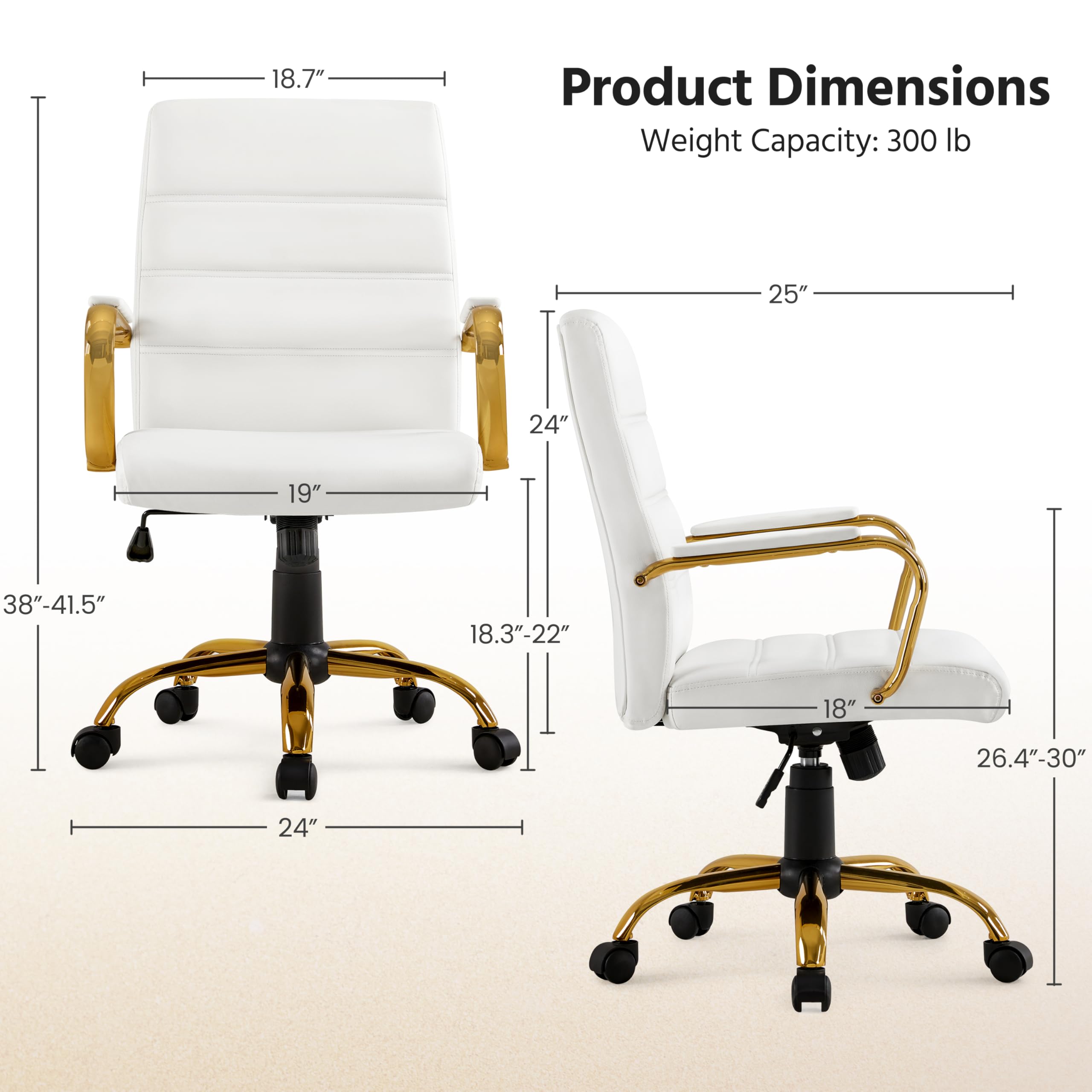 Yaheetech Mid-Back Office Chair - PU Leather Executive Desk Chair with Adjustable Height & Lumbar Support - Gold Base & White Seat - Perfect for Home Office, Study & Workspace Ergonomics