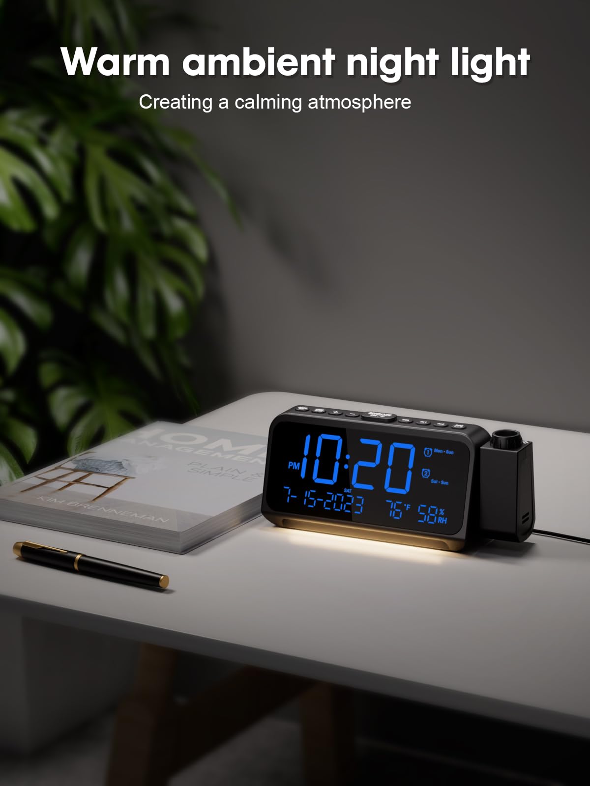ROCAM Digital Projection Alarm Clock with Ceiling/Wall Display - 5-Level Dimmer, Dual Alarm (Weekday/Weekend Mode), Snooze, Temperature Display & USB Charging Ports | Perfect for Bedrooms, Home Offices & Nightstands