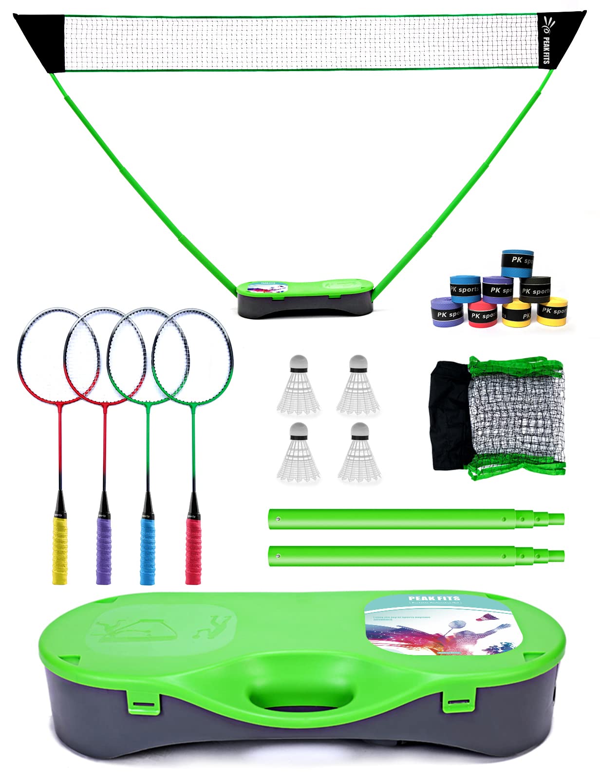 Portable Badminton Net Set with 4 Graphite Rackets - Folding Volleyball & Badminton Net for Backyard, Includes 8 Grip Tapes & 4 Shuttlecocks - Perfect for Family Games, Outdoor Sports & Beach Activities