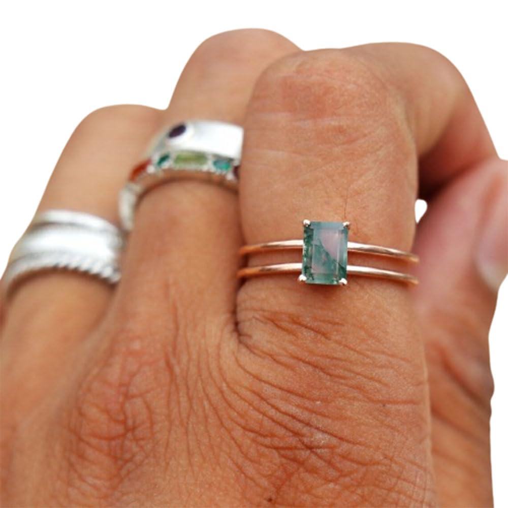 Moss Agate Ring for Women - 14K Rose Gold Vermeil & 925 Sterling Silver Dainty Bohemian Midi Stackable Band Ring - Perfect Birthday Gift for Her - Ideal for Everyday Wear, Stacking, and Bohemian Style Outfits