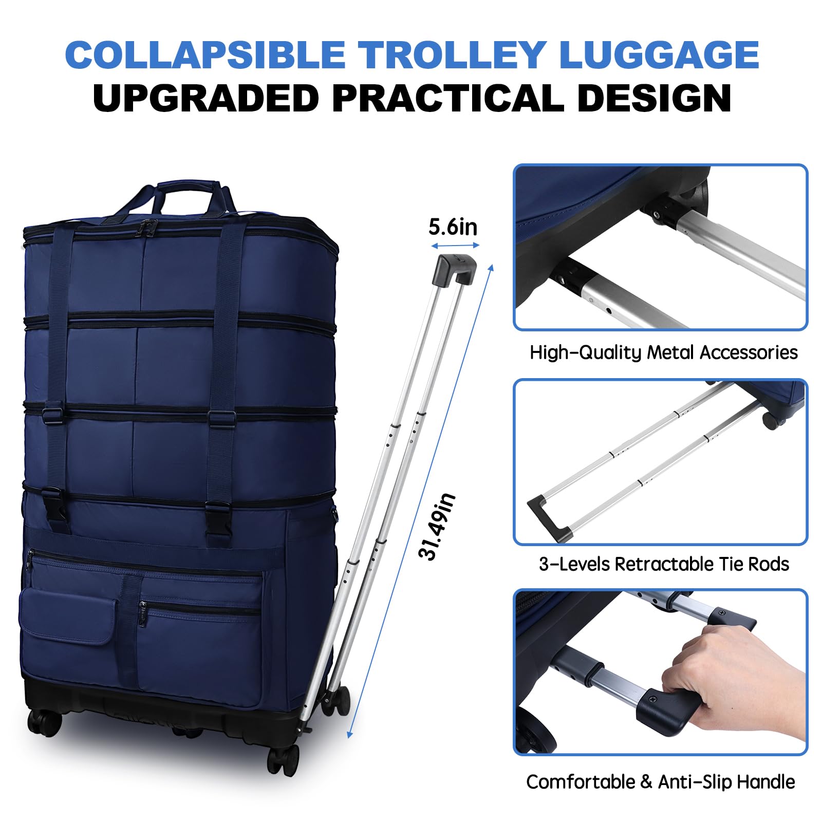 Expandable Collapsible Luggage with Telescoping Handle - Foldable Travel Suitcase with Removable Wheels - Rolling Duffel Bag for Men & Women - Perfect for Air Travel, Business Trips & Weekend Getaways