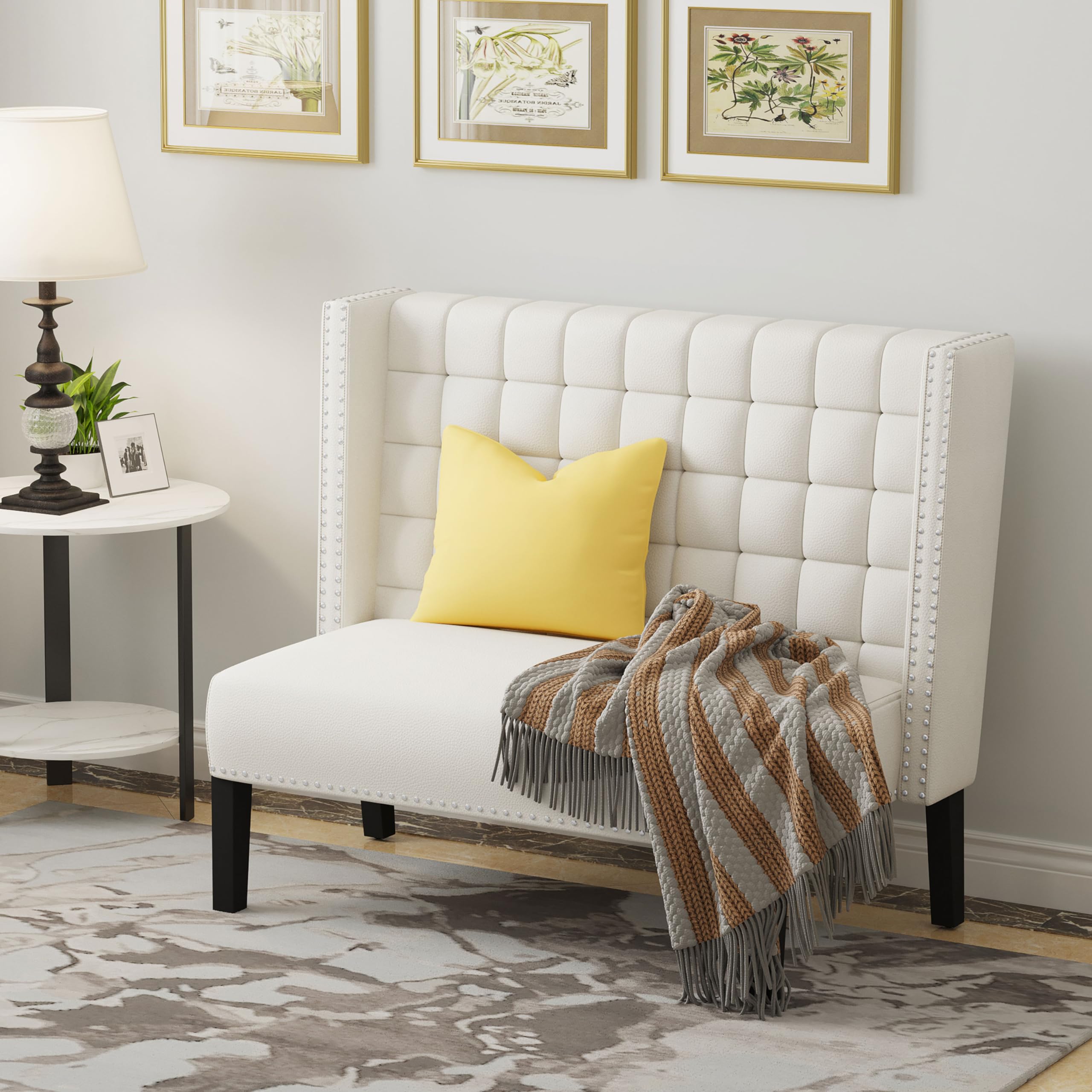 Andeworld Modern Upholstered Loveseat Settee Bench with Back - White Sofa Couch for Dining Room, Living Room, Hallway or Entryway | Comfortable Banquette Seating for Small Spaces, Apartments & Home Decor