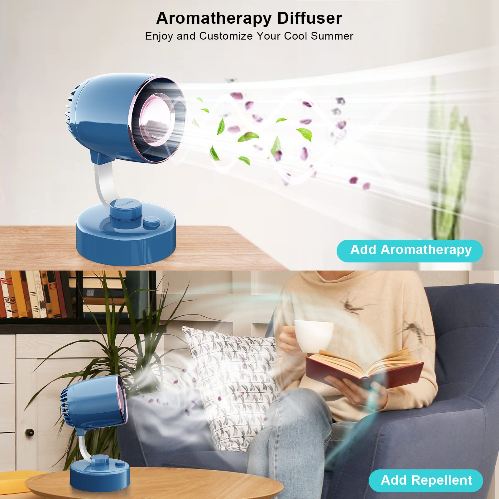 Turbo Force Desk Fan with Aromatherapy Diffuser - 120° Adjustable Head, 4000mAh Battery (12H Runtime), Quiet 4-Speed Air Circulator - Perfect for Bedroom, Home Office & Workspace Cooling