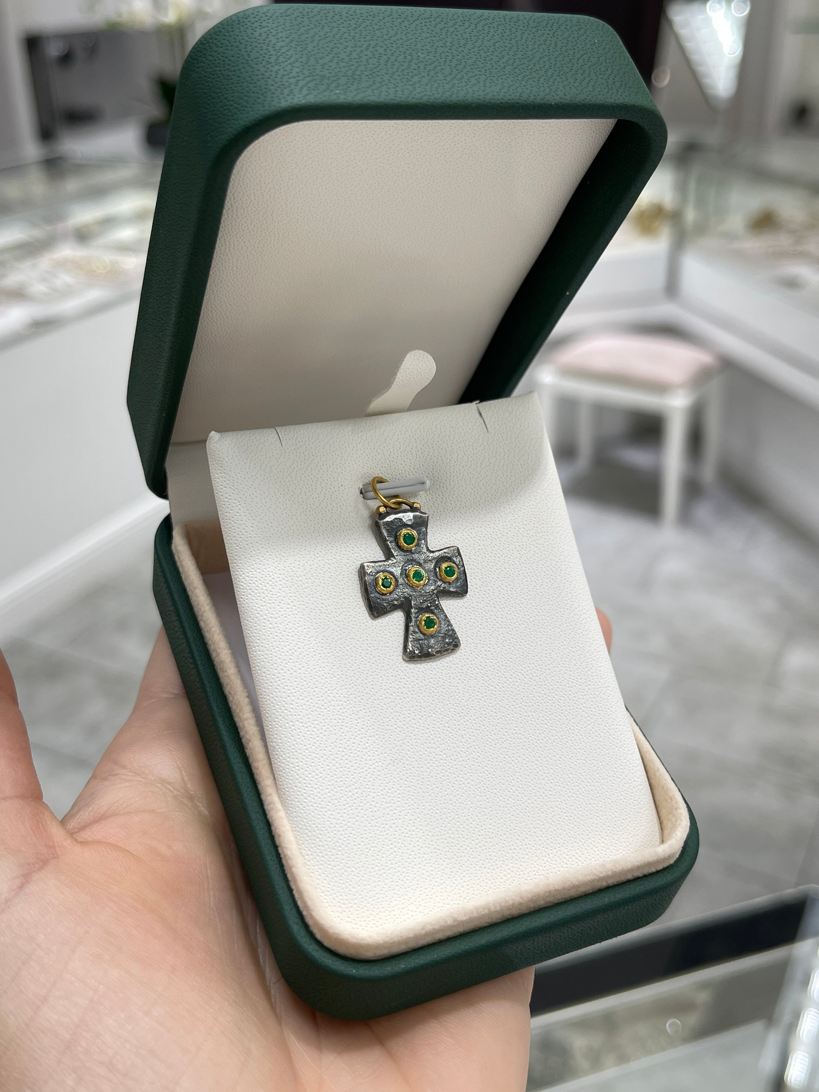 0.18tcw Byzantine 24K Gold & Sterling Silver Emerald Cross Pendant Necklace for Women - Elegant Religious Jewelry Gift for Baptism, First Communion & Christmas