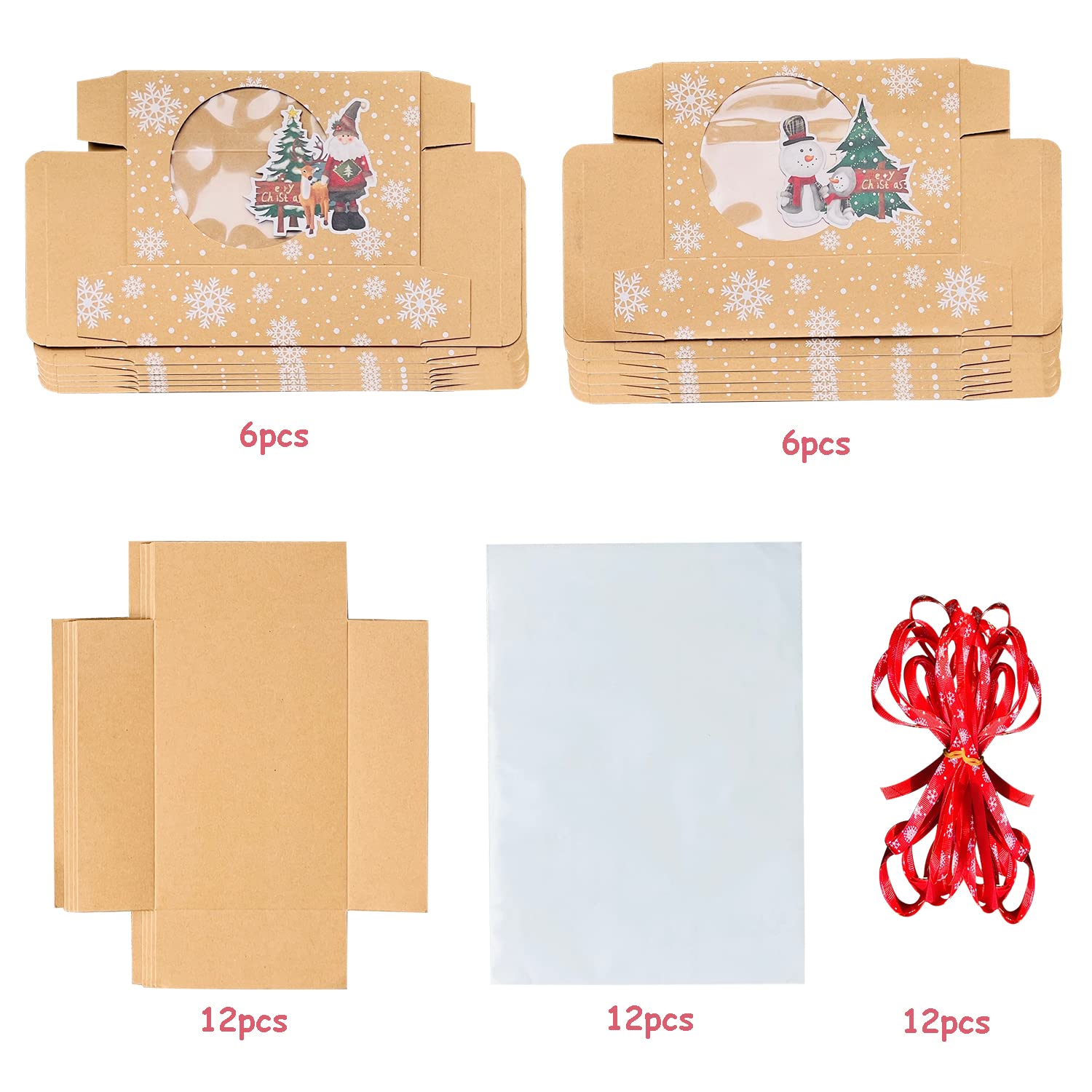 12 Pack Christmas Cookie Boxes with Window - Food Grade Kraft Bakery Treat Boxes with Oil Paper & Ribbons - Holiday Cupcake Gift Boxes for Christmas Party Favors, Baking Treats & Cookie Storage