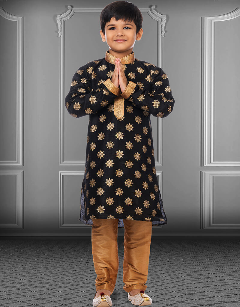 Premium Black Kurta Pajama Set - Printed Dhupion Silk Indian Ethnic Wear for Men - Perfect for Weddings, Festivals & Special Occasions