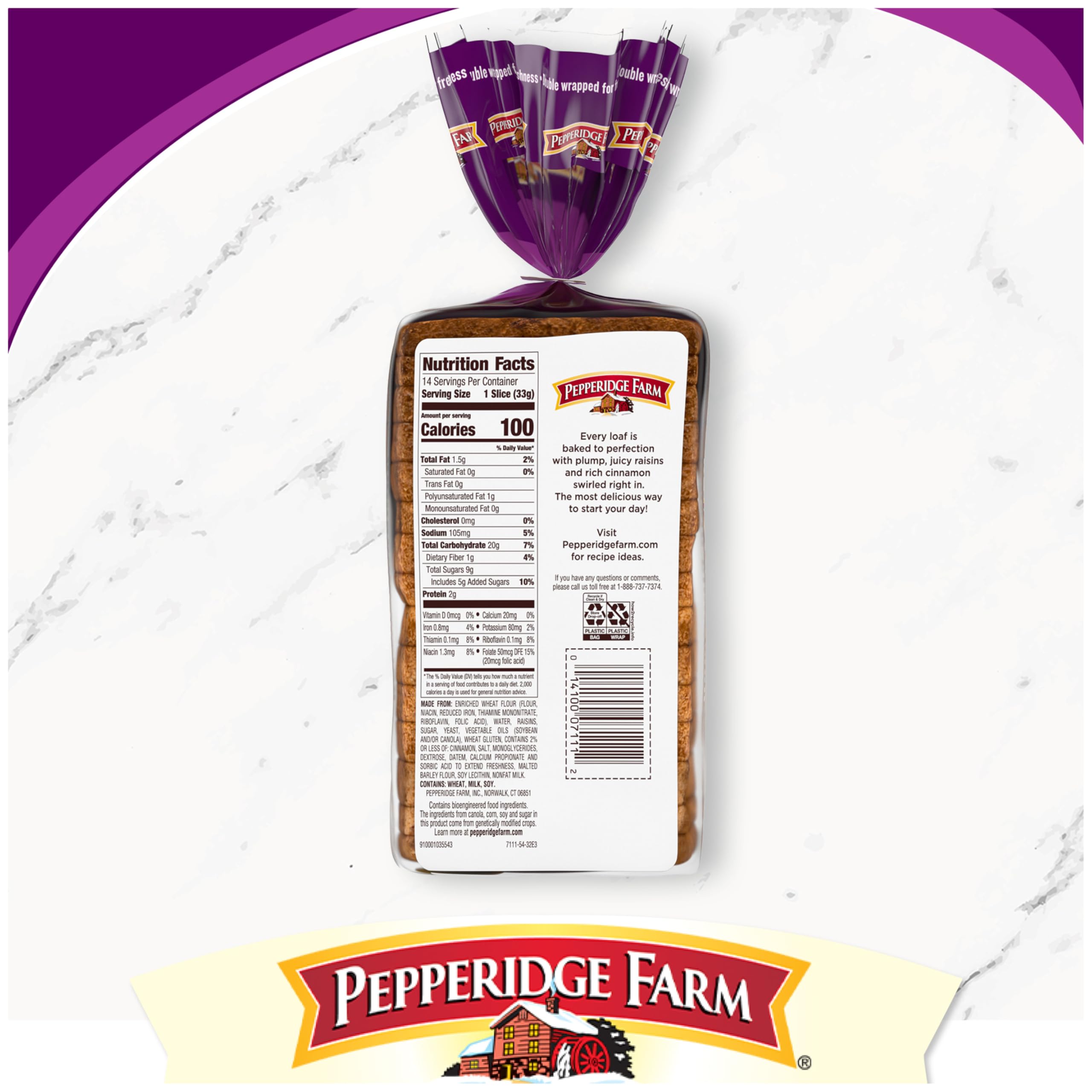 Pepperidge Farm Raisin Cinnamon Swirl Breakfast Bread - 16 Oz Loaf | Soft & Sweet Cinnamon Raisin Bread for Breakfast, Toast, French Toast & Snacks