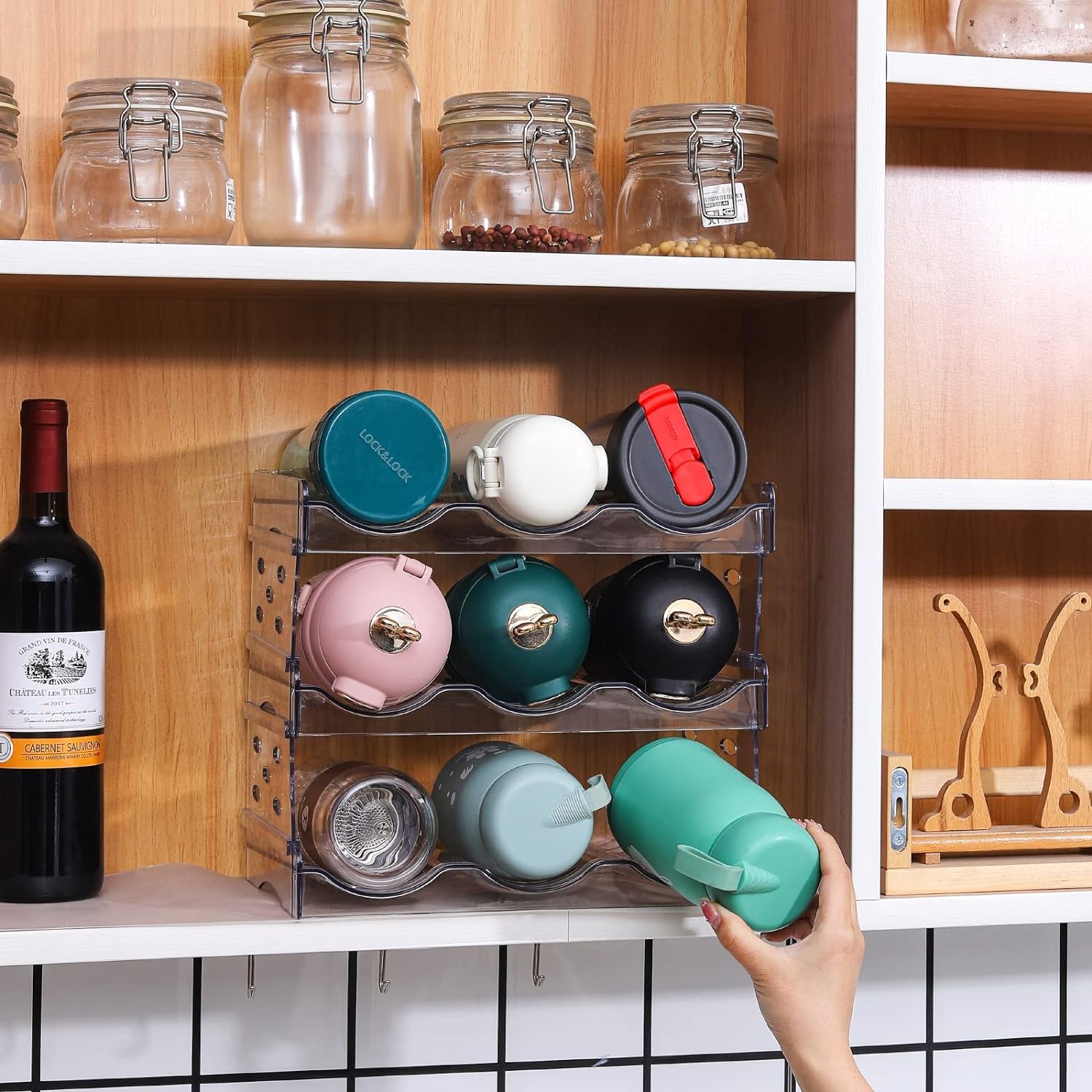 4-Pack Clear Acrylic Stackable Water Bottle Organizer - Plastic Cup Storage Rack for Kitchen, Pantry & Cabinet - Holds 12 Bottles - Perfect for Countertop Organization & Wine Storage