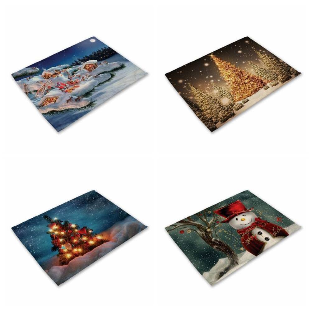 4-Piece Blue Christmas Placemats Set - Cotton Linen Table Mats with Snowman & Tree Pattern - Holiday Dining Decor for Dinner Parties & Festive Gatherings