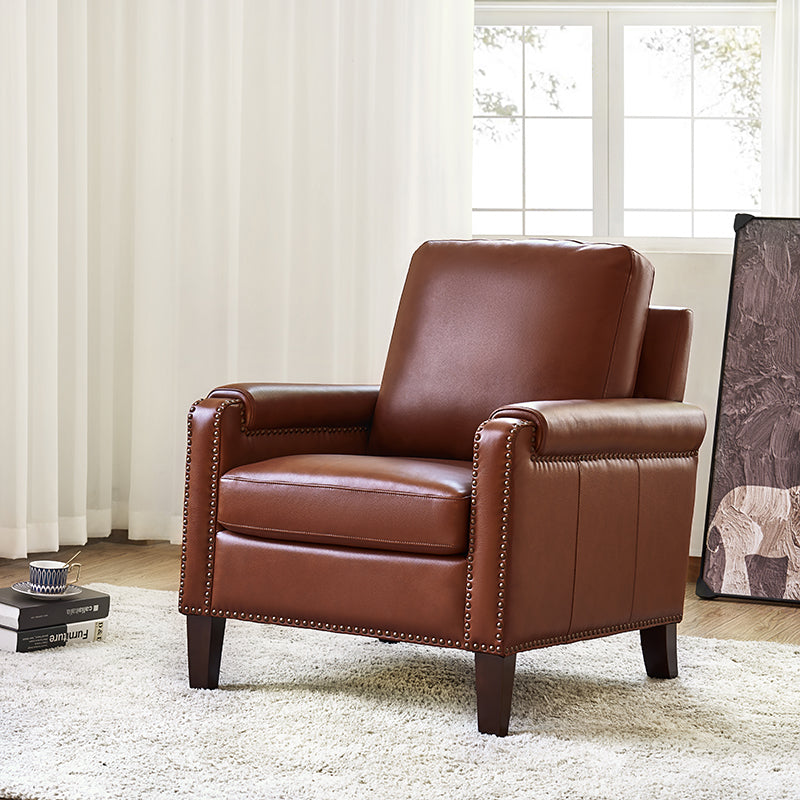 Nathaniel Transitional Style Genuine Leather Armchair - Premium Brown Leather Lounge Chair for Living Room, Office & Study - Comfortable Reading Chair with Padded Seat & Wooden Legs