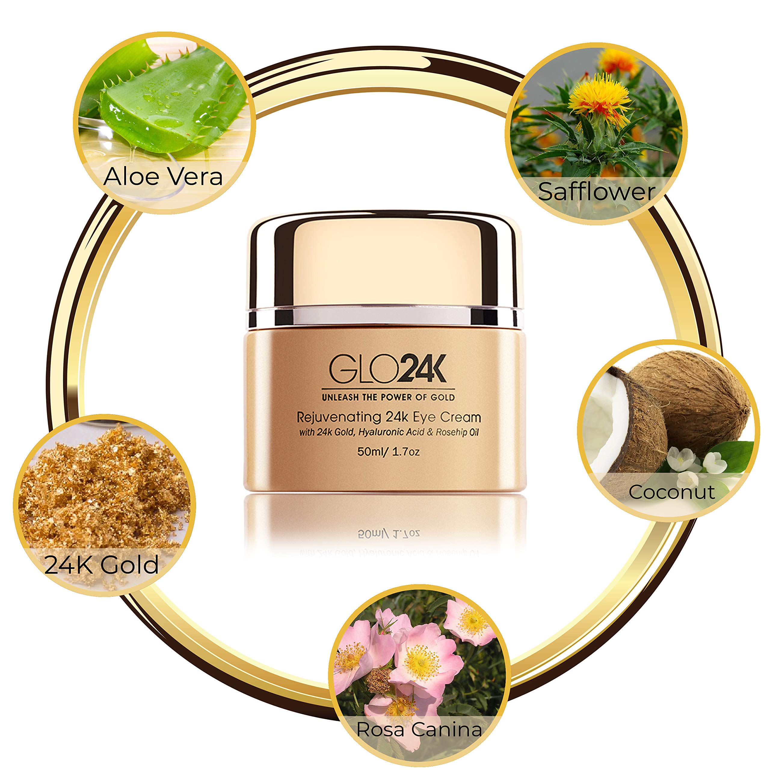 GLO24K Rejuvenating 24K Gold Eye Cream & Serum with Hyaluronic Acid, Vitamins A, C, E - Anti-Aging Treatment for Dark Circles, Wrinkles & Puffiness - Perfect for Night & Day Skincare Routine