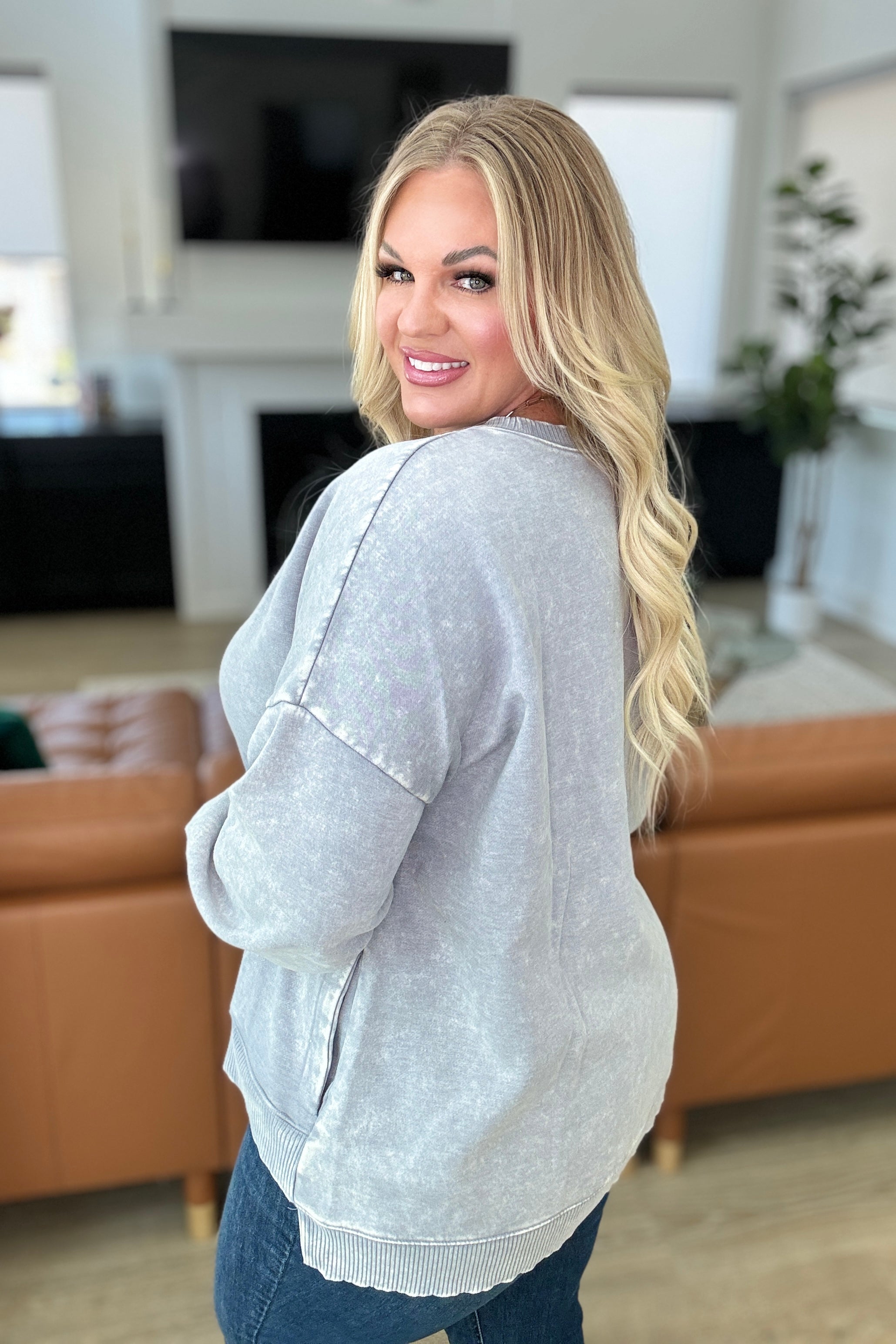 Mineral Wash Step Hem Sweatshirt for Women - Soft Vintage Pullover with Raw Edge Detail in Sleet Grey | Casual Loungewear & Streetwear Fashion