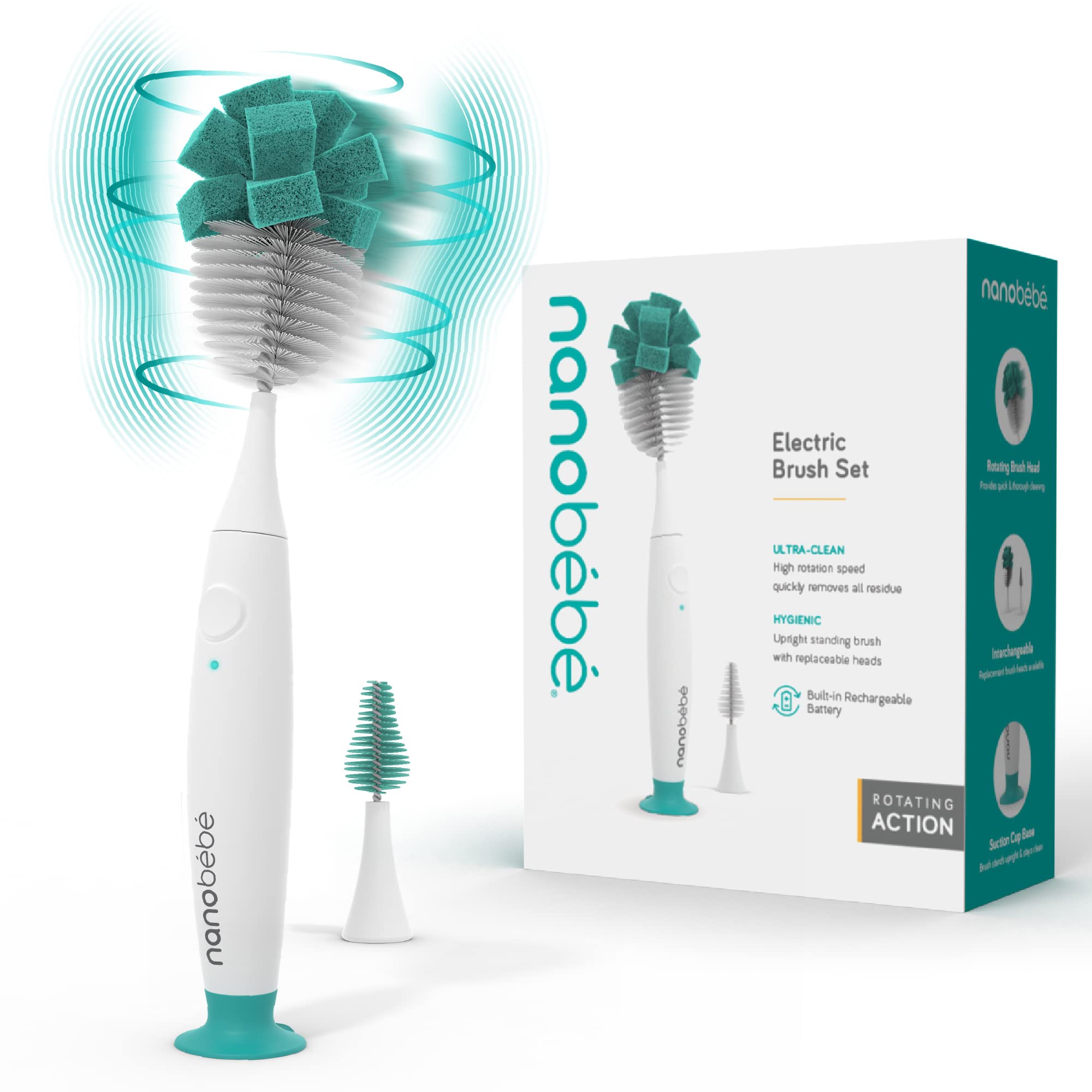 Nanobebe Electric Baby Bottle Brush Cleaner - Rechargeable Bottle Scrubber with Replaceable Brush Head for Easy Cleaning | Perfect for Newborns, Travel & Quick Bottle Sterilization