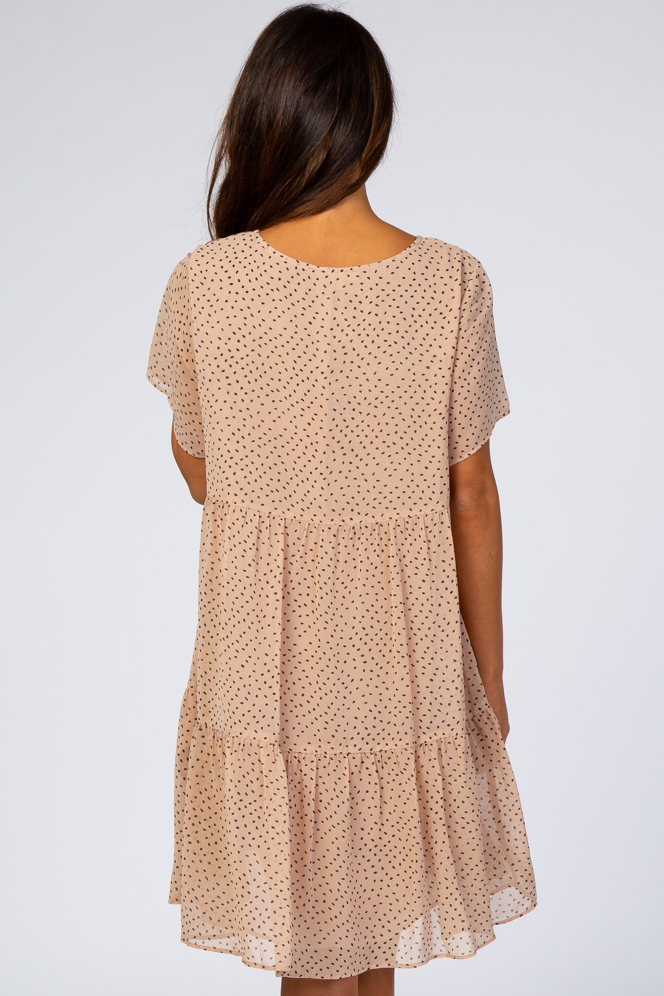 Beige Polka Dot Tiered Dress for Women - Flowy Summer Midi Dress with Ruffles - Perfect for Beach, Vacation & Casual Outings