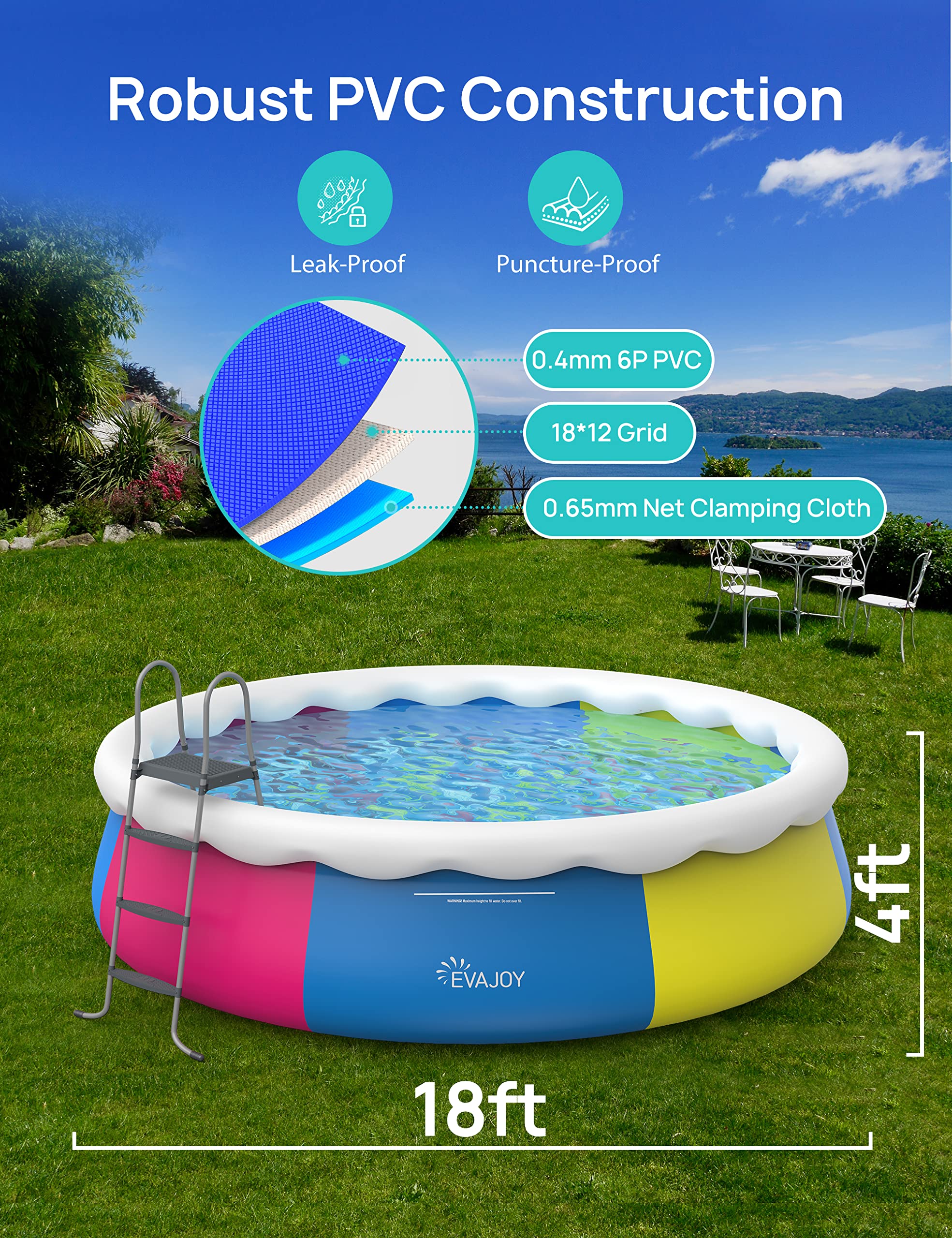 EVAJOY 18ft x 48in Inflatable Above Ground Swimming Pool with Filter Pump - Large Round Blue Family Pool for Backyard, Summer Outdoor Water Fun & Kids Play