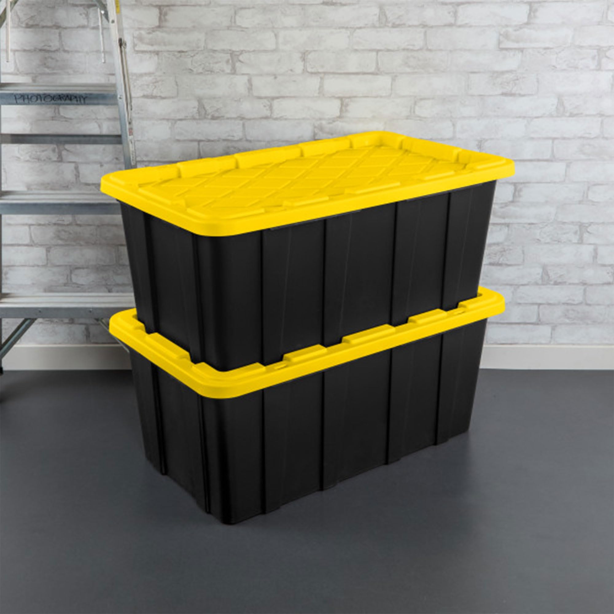 Sterilite 12-Pack 38 Gallon Heavy Duty Stackable Storage Bins with Lids - Black & Yellow - Perfect for Home Organization, Garage Storage, and Moving Supplies
