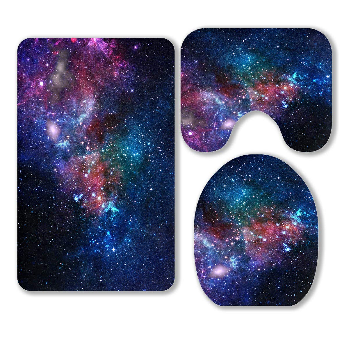 ABPHQTO Galaxy Bathroom Rug Set - 3 Piece Space Universe Bath Mat, Contour Mat & Toilet Lid Cover for Starry Night Themed Bathroom Decor (Perfect for Sci-Fi Lovers & Astronomy Enthusiasts)