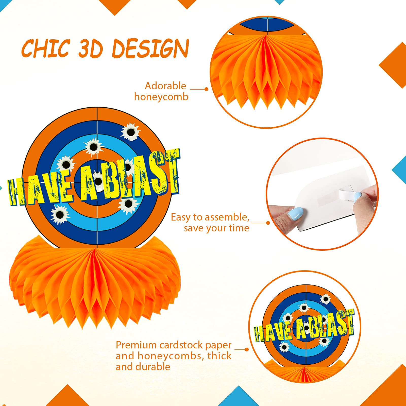 Outus 9-Piece Dart Battle Party Decorations Kit - Honeycomb Centerpieces, Double-Sided Table Toppers for Blaster Battle Theme Birthday Parties - Perfect for Kids' Birthday, Nerf War, and Game Night Decorations