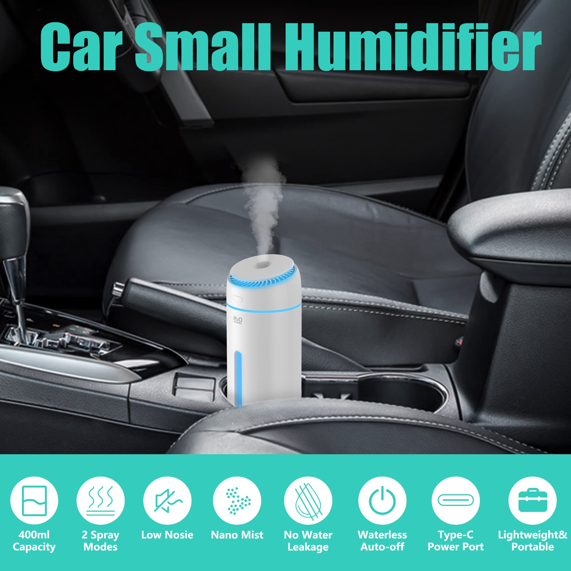 400ML USB Cool Mist Humidifier - Small Portable Personal Air Humidifier for Bedroom, Nightstand, Office Desk, Travel & Car | Quiet Operation with Auto Shut-off & LED Lights | Perfect for Dry Air Relief, Plant Care & Better Sleep