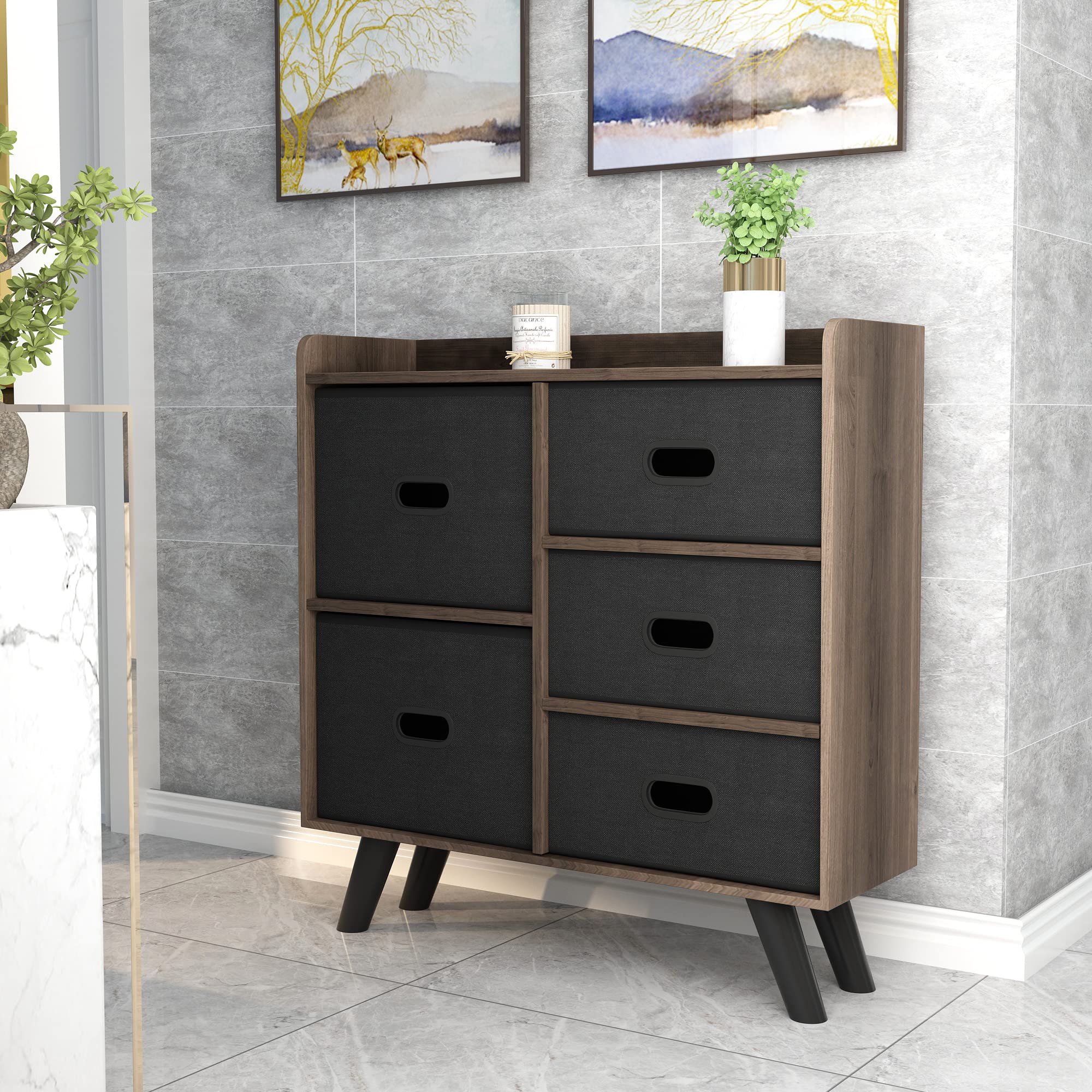 5-Drawer Fabric Storage Dresser with Handrail & Removable Drawers - Bedroom Closet Organizer for Entryway, Hallway & Living Room - Space-Saving Home Furniture for Small Spaces & Apartment Storage Solutions