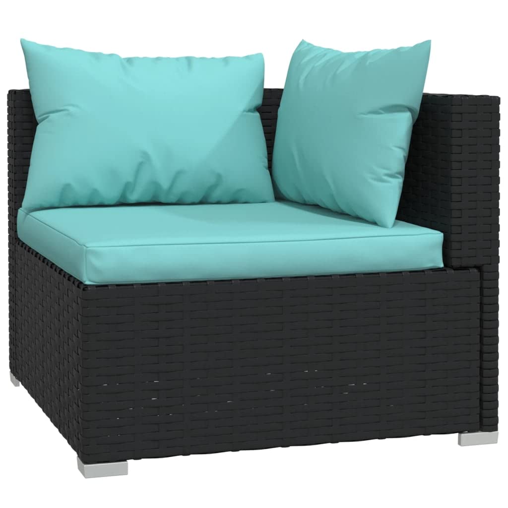 11-Piece Patio Lounge Set with Cushions - Outdoor Furniture Set - Black Poly Rattan with Water Blue Cushions - Weather-Resistant, Durable & Comfortable - Perfect for Backyard, Poolside or Garden Relaxation