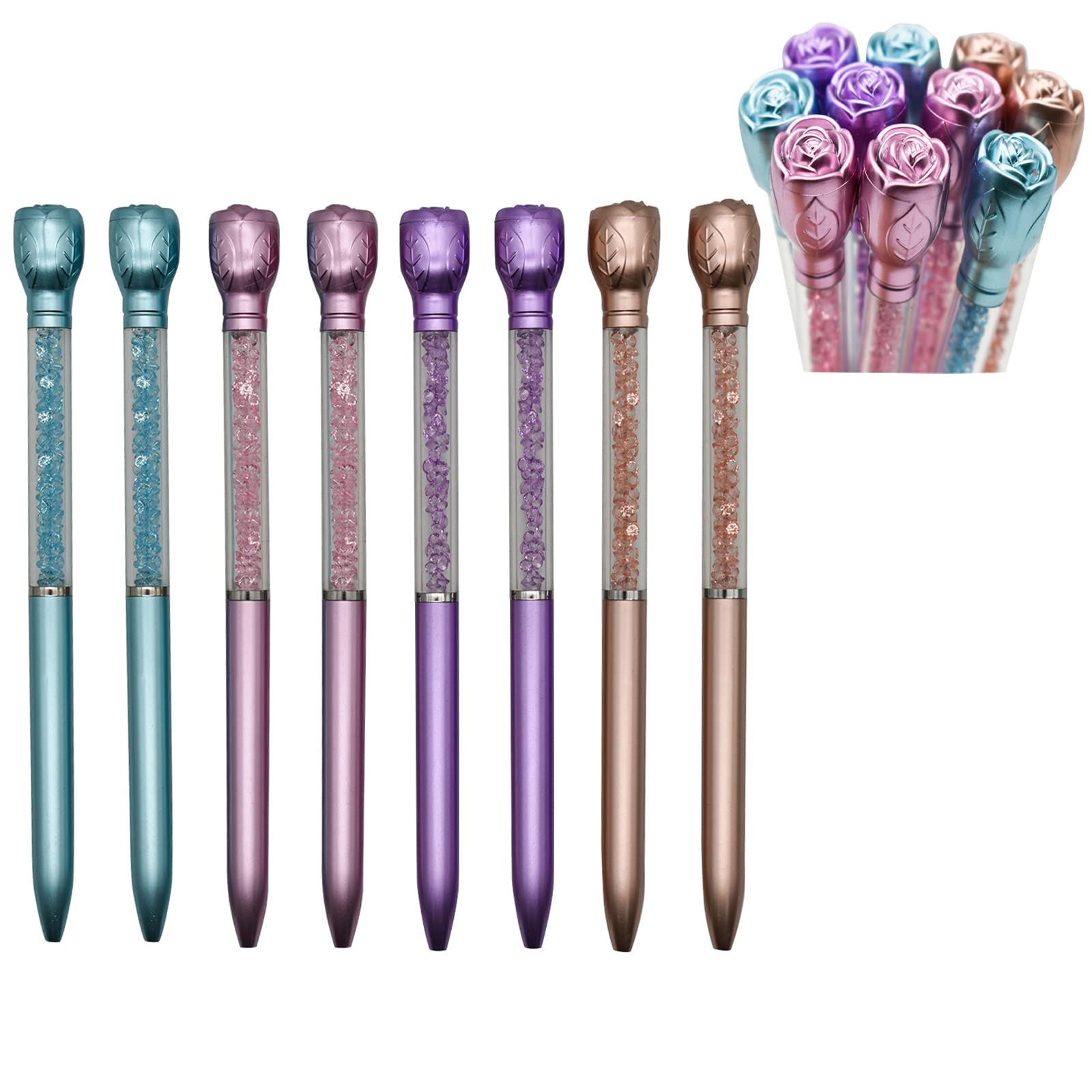 12-Pack Retractable Rose Flower Ballpoint Pens with Crystal Quicksand Design - Smooth Black Ink for School, Office, Wedding & Party Favors - Elegant Writing Gift for Women & Students