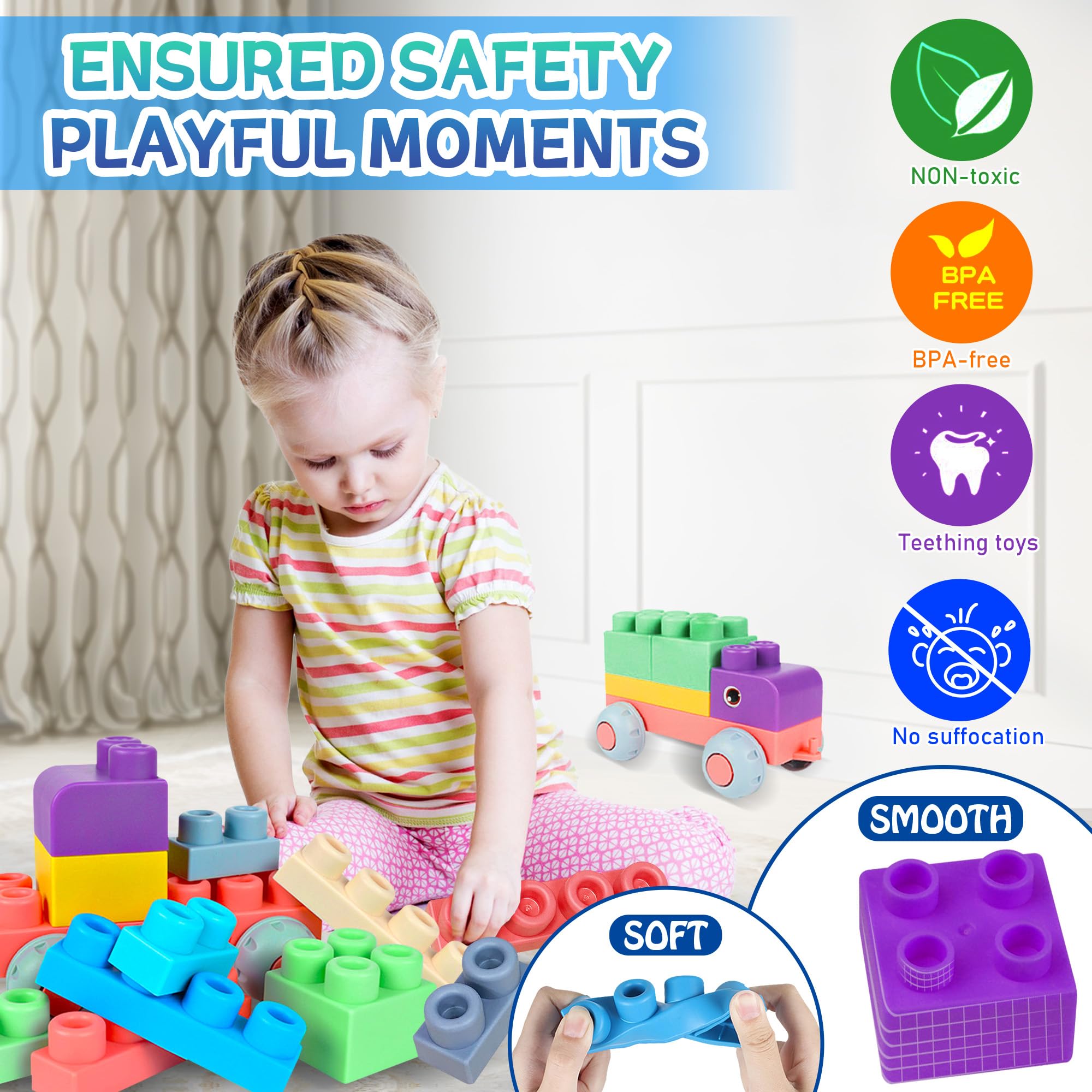 100PCS Soft Rubber Baby Building Blocks Set with Storage Bucket - STEM Educational Toys for Toddlers & Preschool Kids - Sensory Stacking Blocks to Boost Creativity - Perfect for Daycare, Birthday Gifts & Early Learning Activities