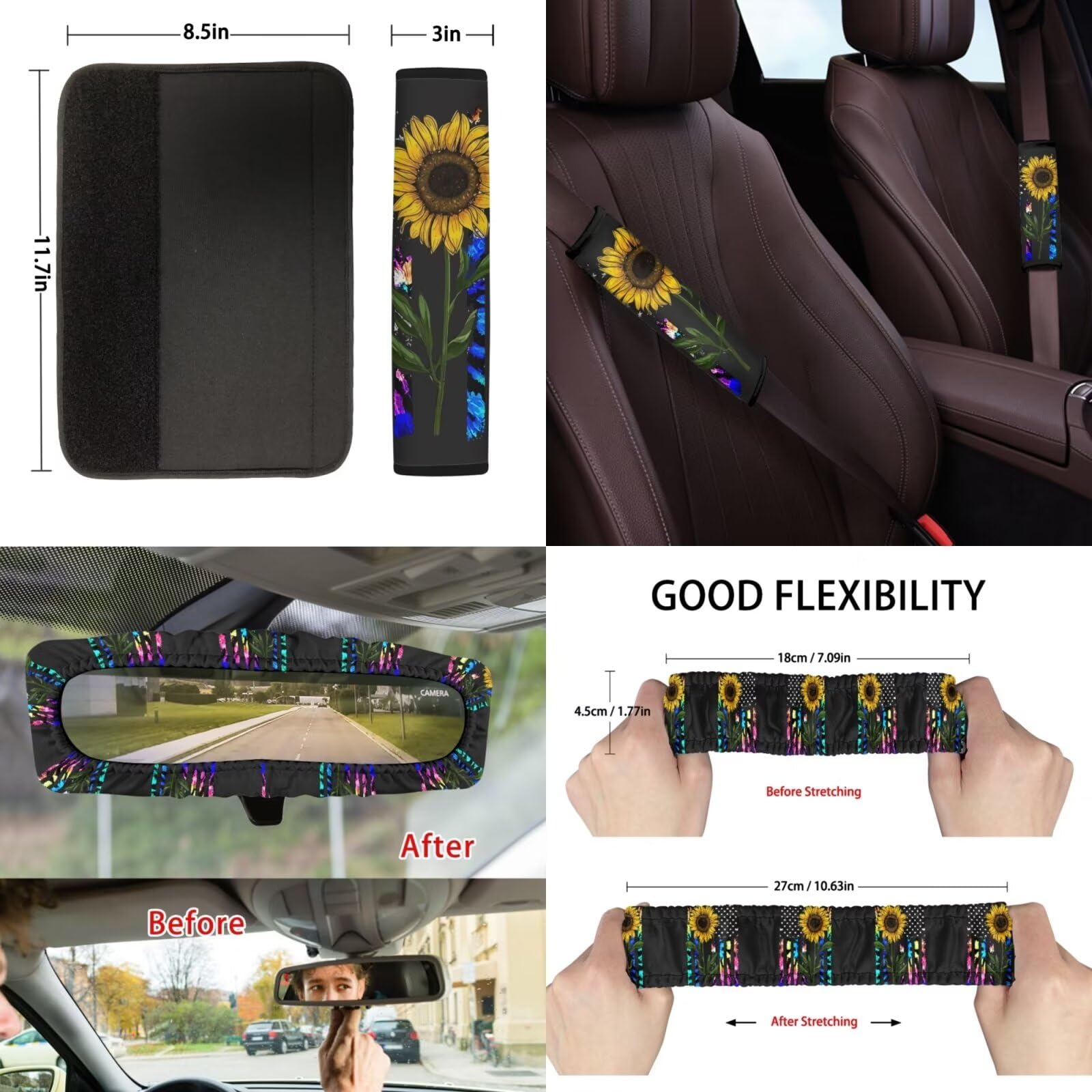 Suobstales Sunflower American Flag Tie Dye Print Car Seat Covers 13-Piece Set with Steering Wheel Cover, Mirror Cover, Car Trash Can & Accessories - Universal Fit for Cars, SUVs & Trucks - Perfect for Road Trips, Daily Commutes & Patriotic Decor