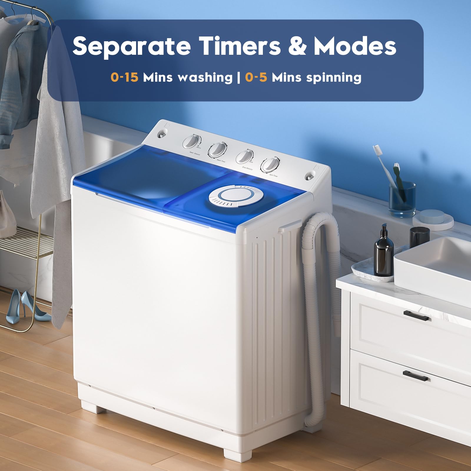 Auertech 40lbs Portable Twin Tub Washing Machine with Drain Pump - Compact Semi-Automatic Washer (24lbs) and Spinner (16lbs) Combo for Small Spaces - Perfect for Dorms, Apartments, RVs, Camping & Off-Grid Living