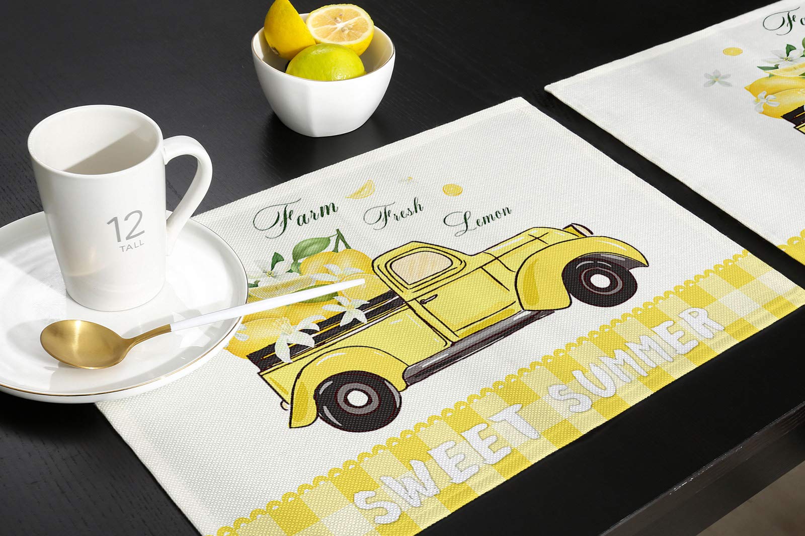 Round Non-Slip Heat Resistant Placemats Set of 4 - Tropical Lemon Truck Plaid Design, Washable Kitchen Table Mats for Dining Room, Summer Yellow Lattice Pattern - Perfect for Family Meals, Indoor Picnics & Home Decor (Kids/Women/Men)